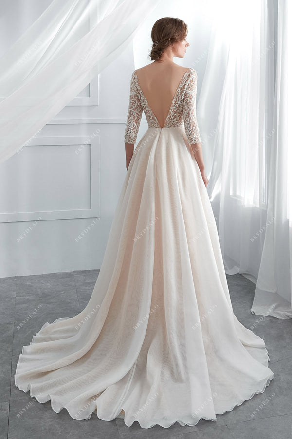 3/4-Length Beaded A-Line Lace Wedding Dress Champagne
