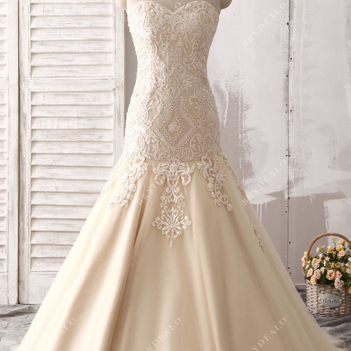 Luxury Beaded Champagne Strapless Trumpet Fall Wedding Dress, Light Ivory