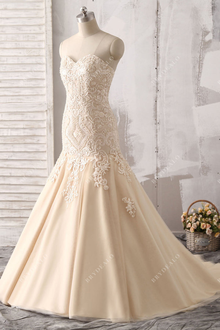 Luxury Beaded Champagne Strapless Trumpet Fall Wedding Dress main image 0