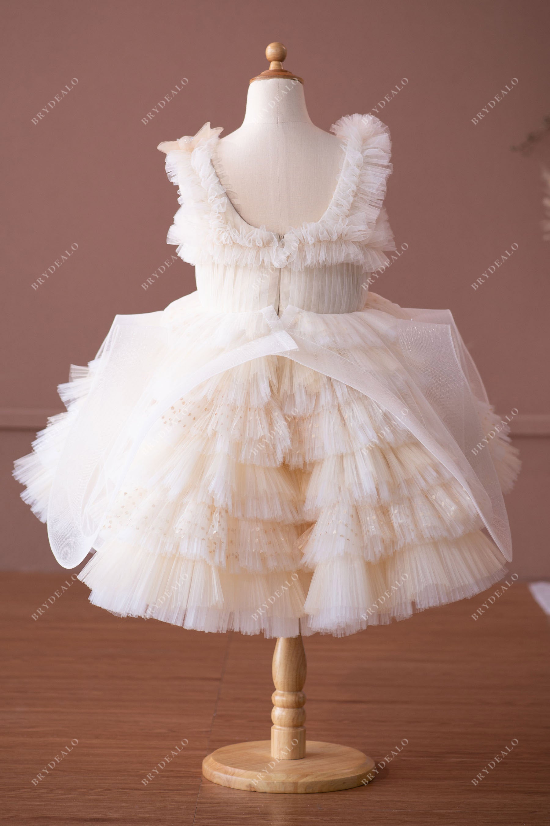 open back ruffled straps tiered ball gown flower girl dress
