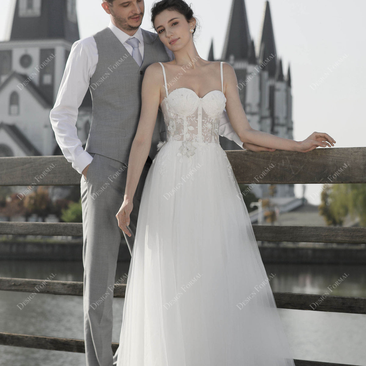 Modern Illusion Lace Corset Spaghetti Strap Floor-length Bridal Dress