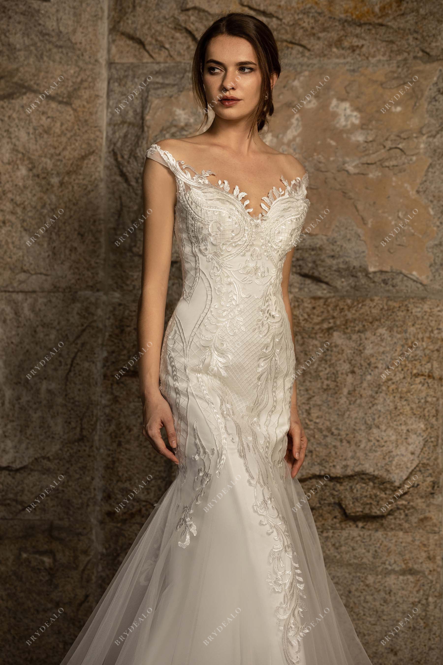 off-shoulder designer beaded lace wedding dress