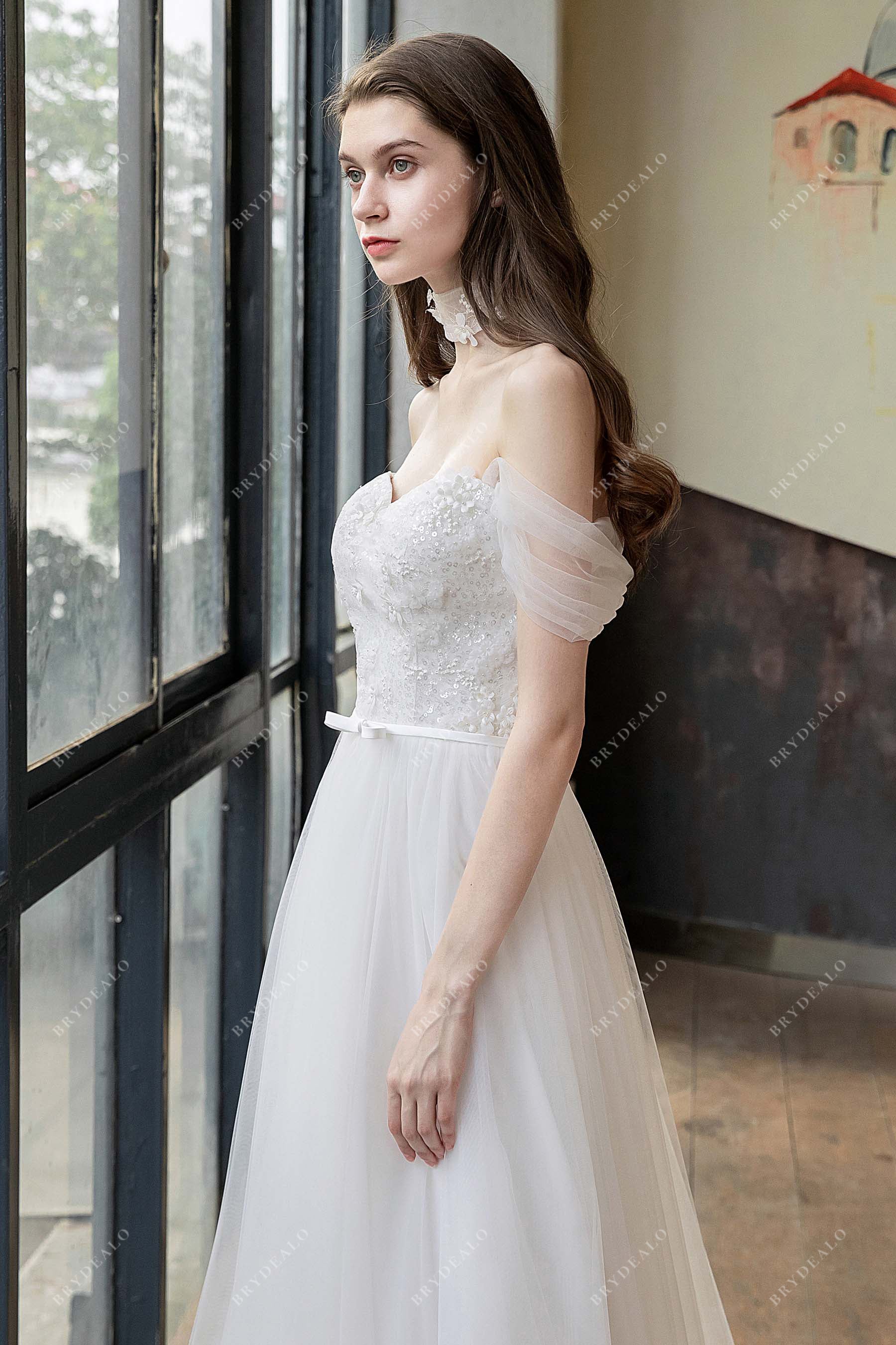 Destination Off-the-shoulder Lace Tulle Wedding Dress