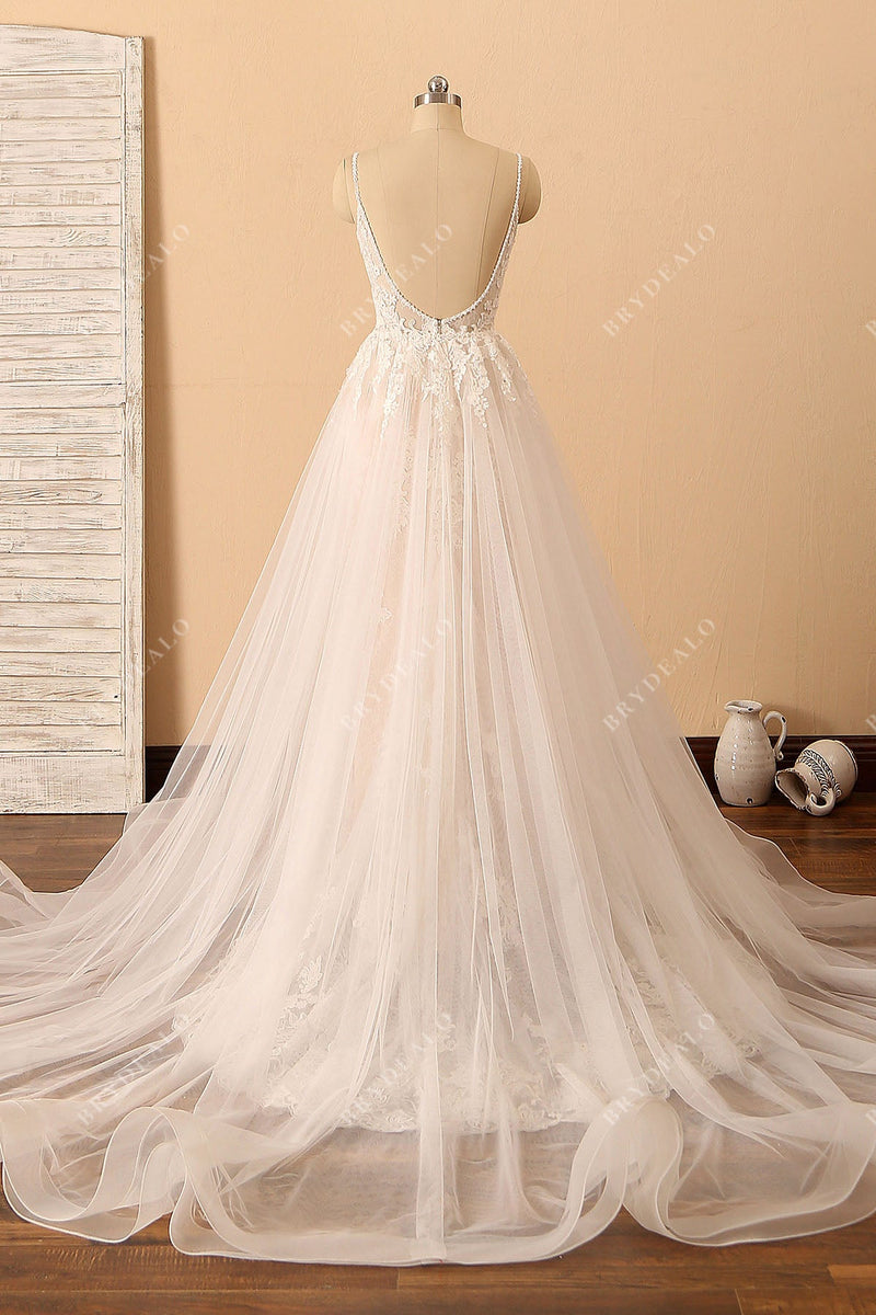 Pearl Pink Plunging Neckline Lace Tulle Modern Overskirt Bridal Gown