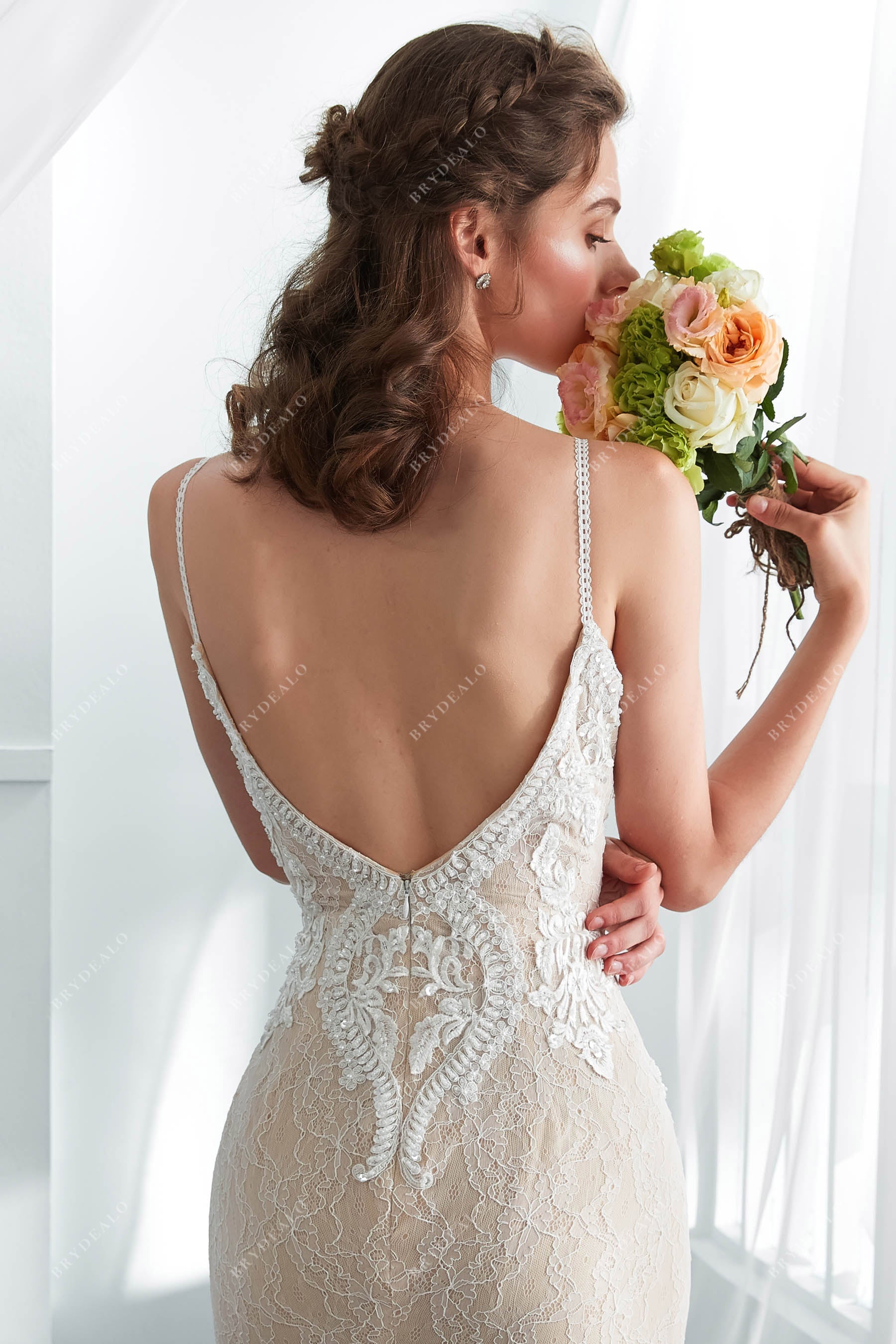 open back boho spaghetti straps bridal gown