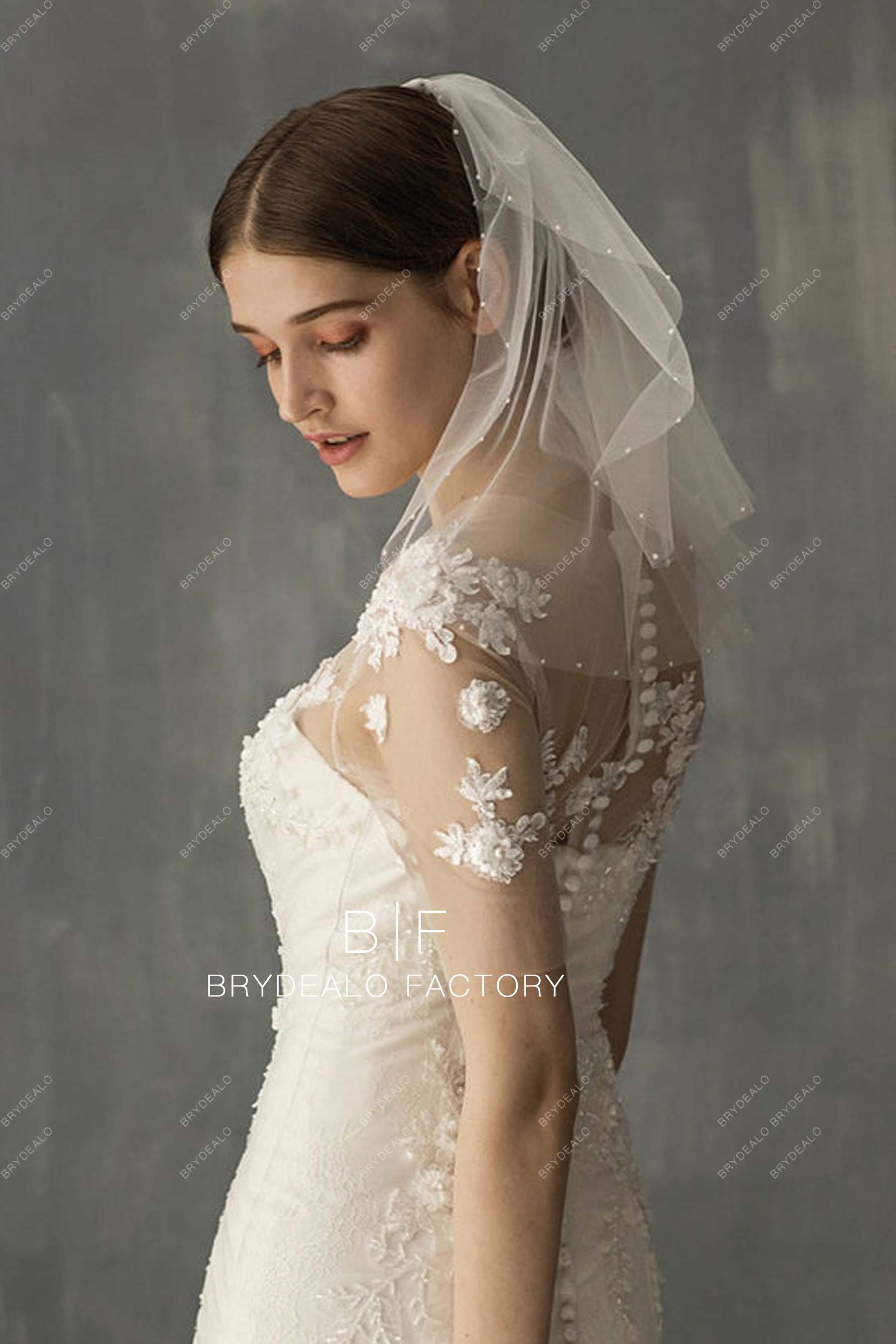 pretty pearls shoulder length wedding veil short tulle bridal headpiece