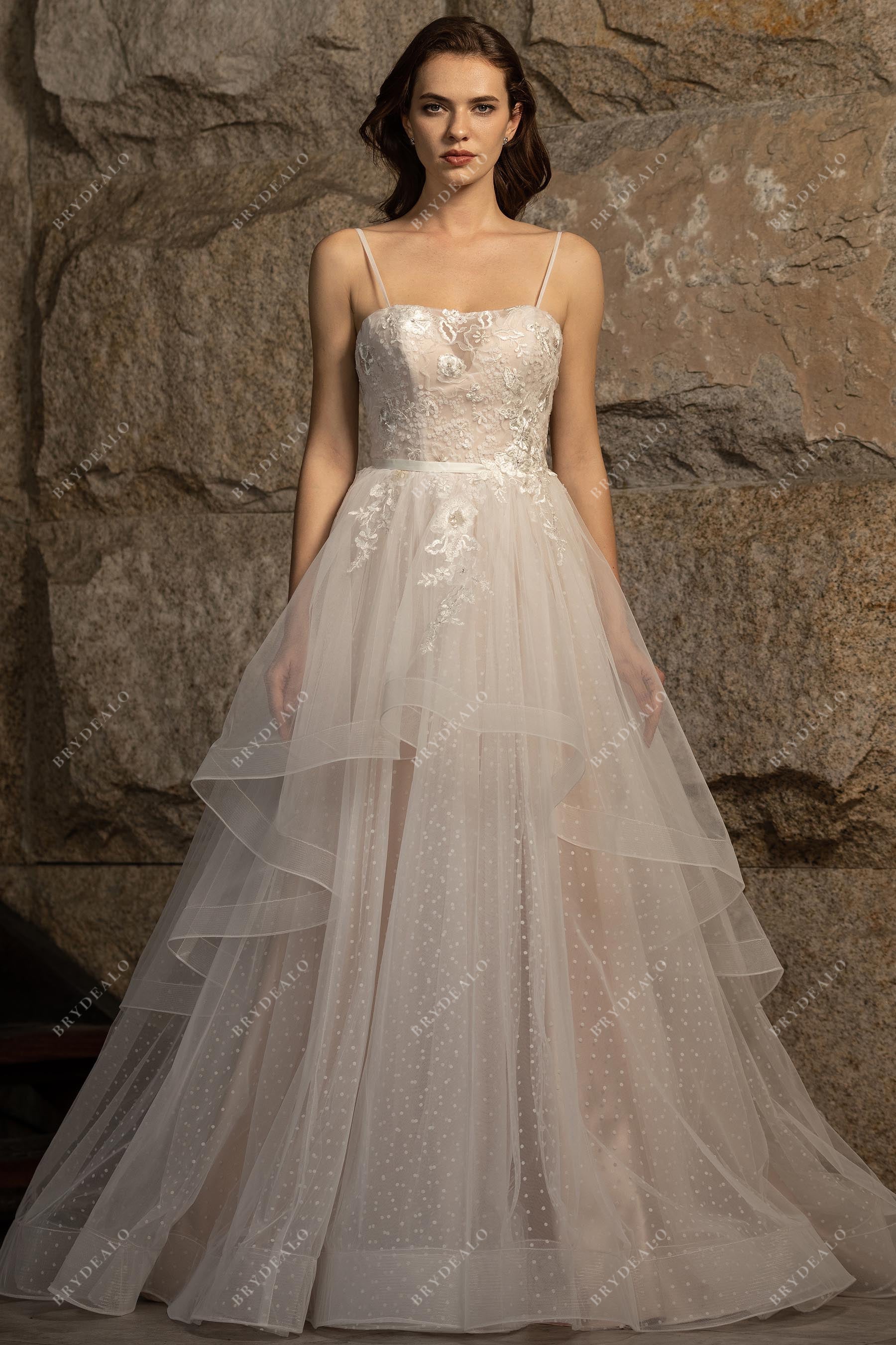 Designer Dot Lace Spaghetti Strap Cute Ruffled Wedding Ballgown