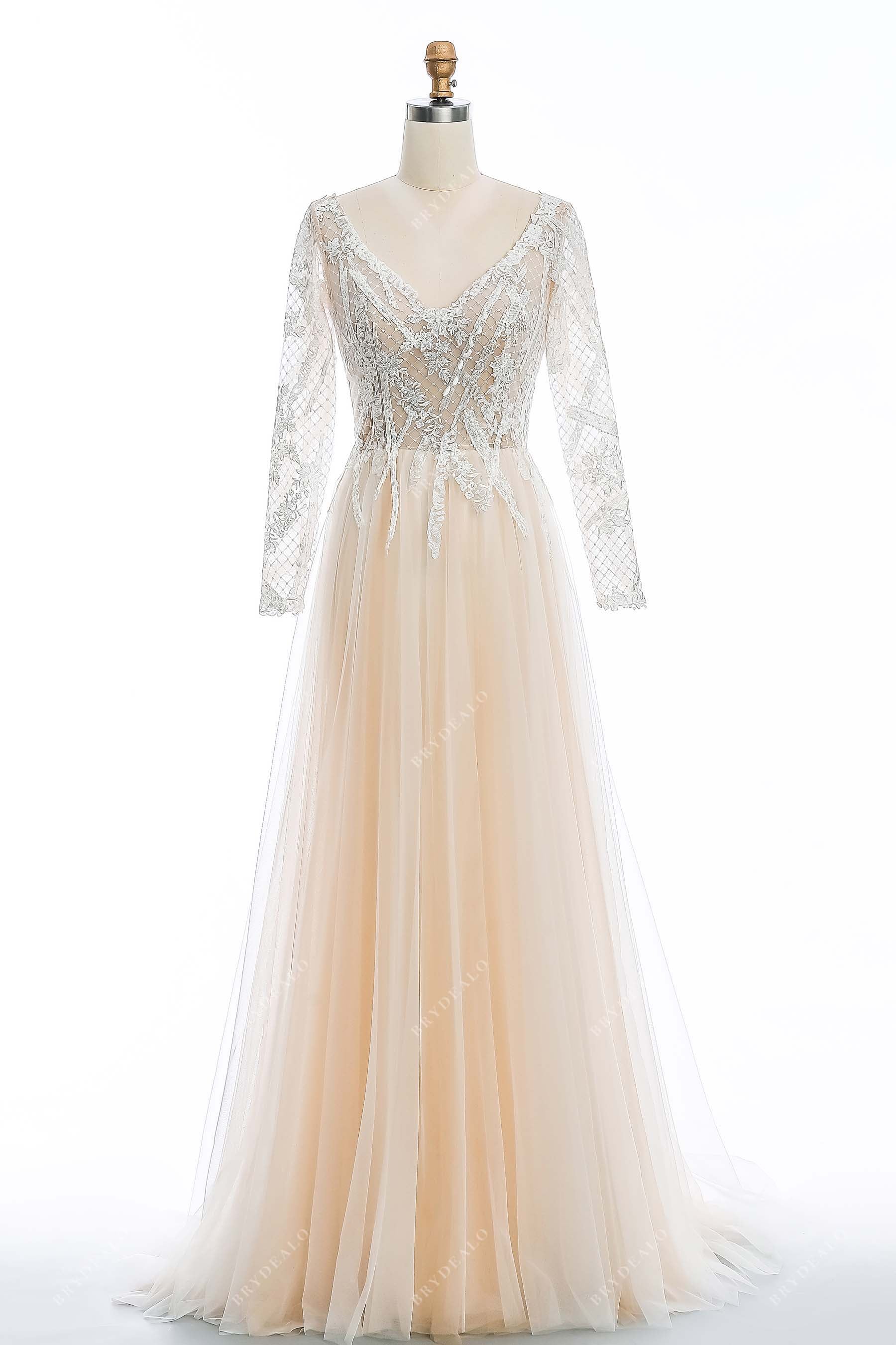 champagne V-neck lace elegant A-line wedding dress