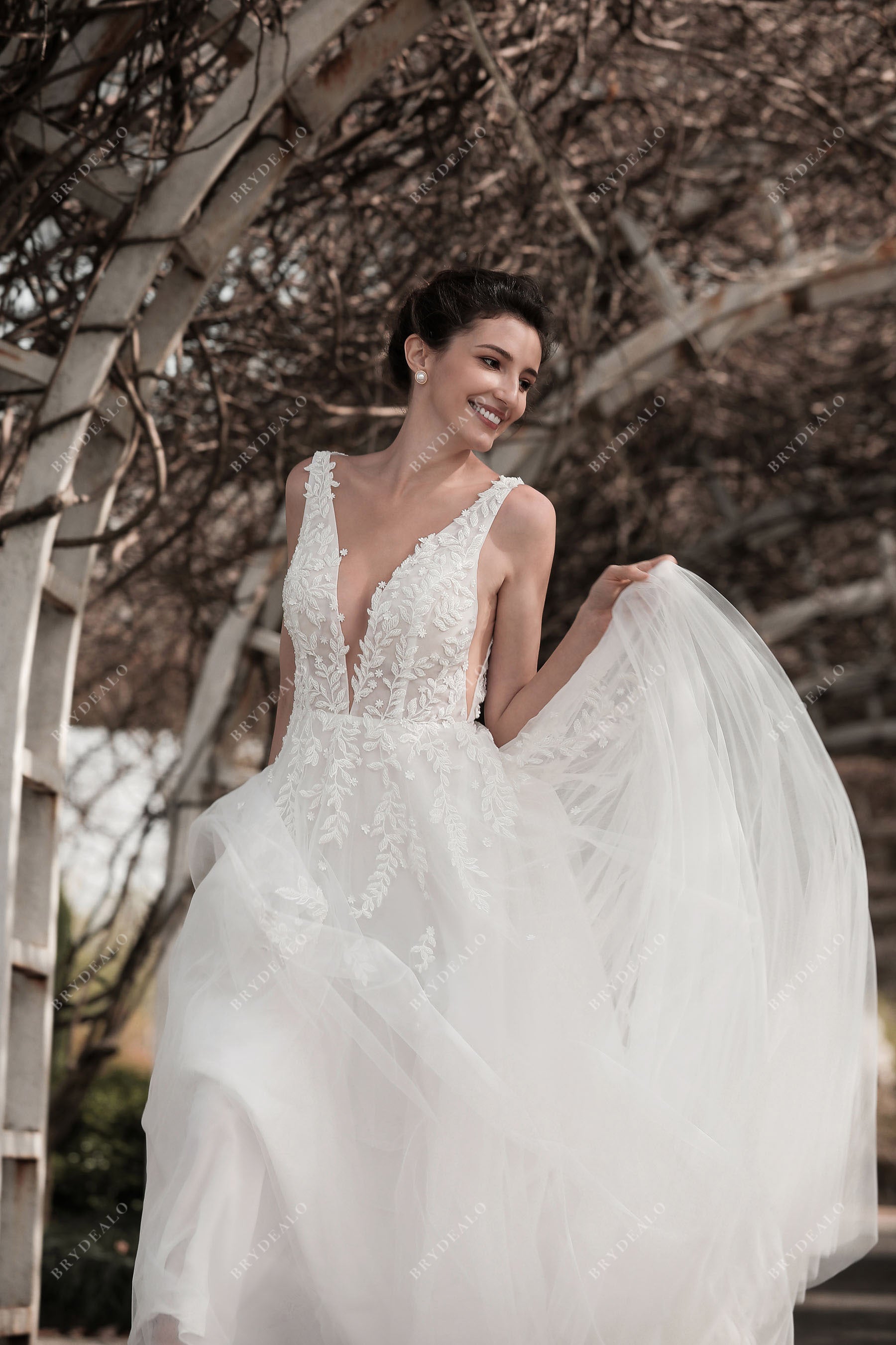 Beaded Lace Plunging Fall Puffy A-line Bridal Dress