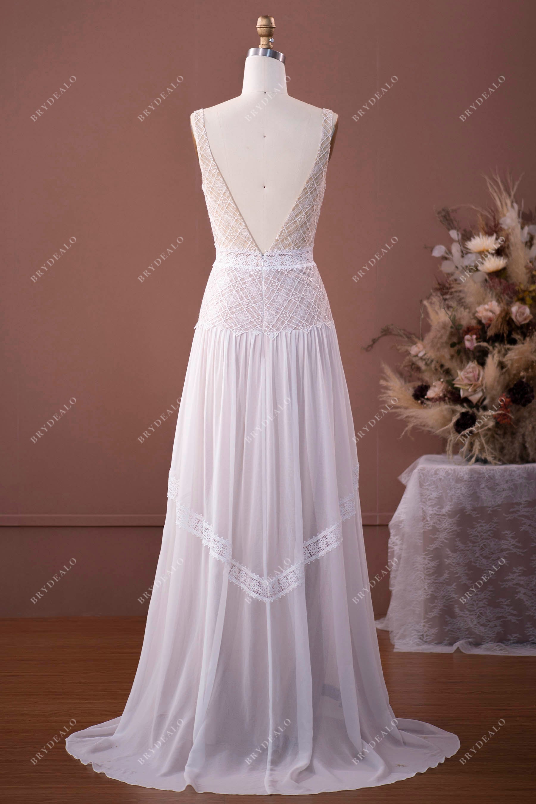 boho lace trim chiffon sweep train wedding gown