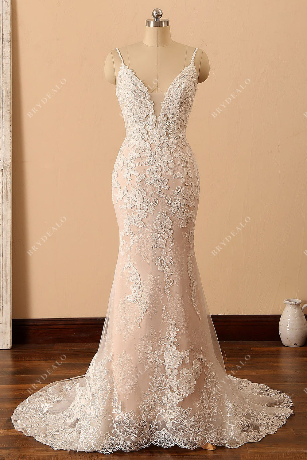 Illusion Neckline Lace and Tulle Long Dress Pearl Pink main image 1