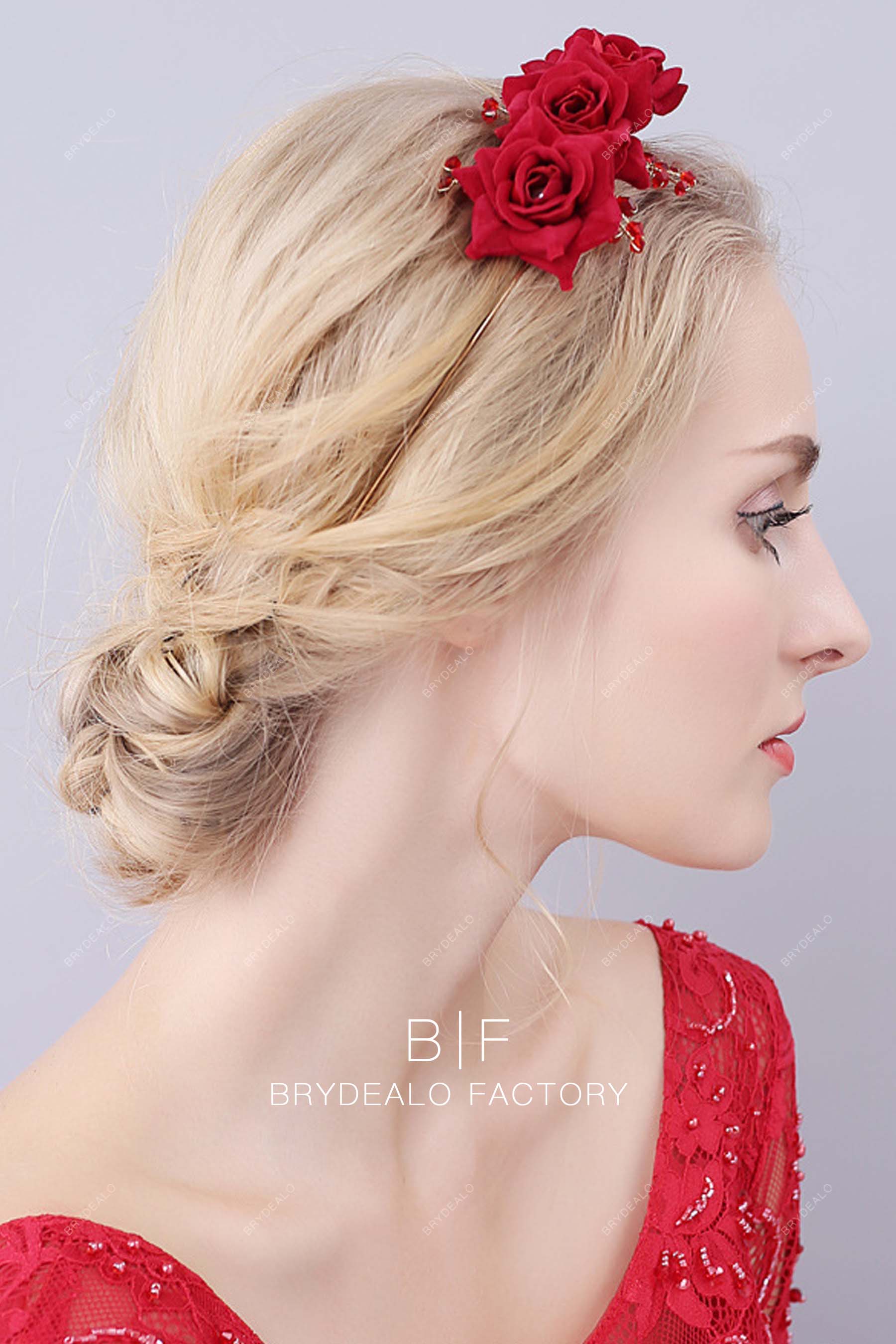 Designer Red Velvet Roses Crystal Rhinestone Bridal Headband