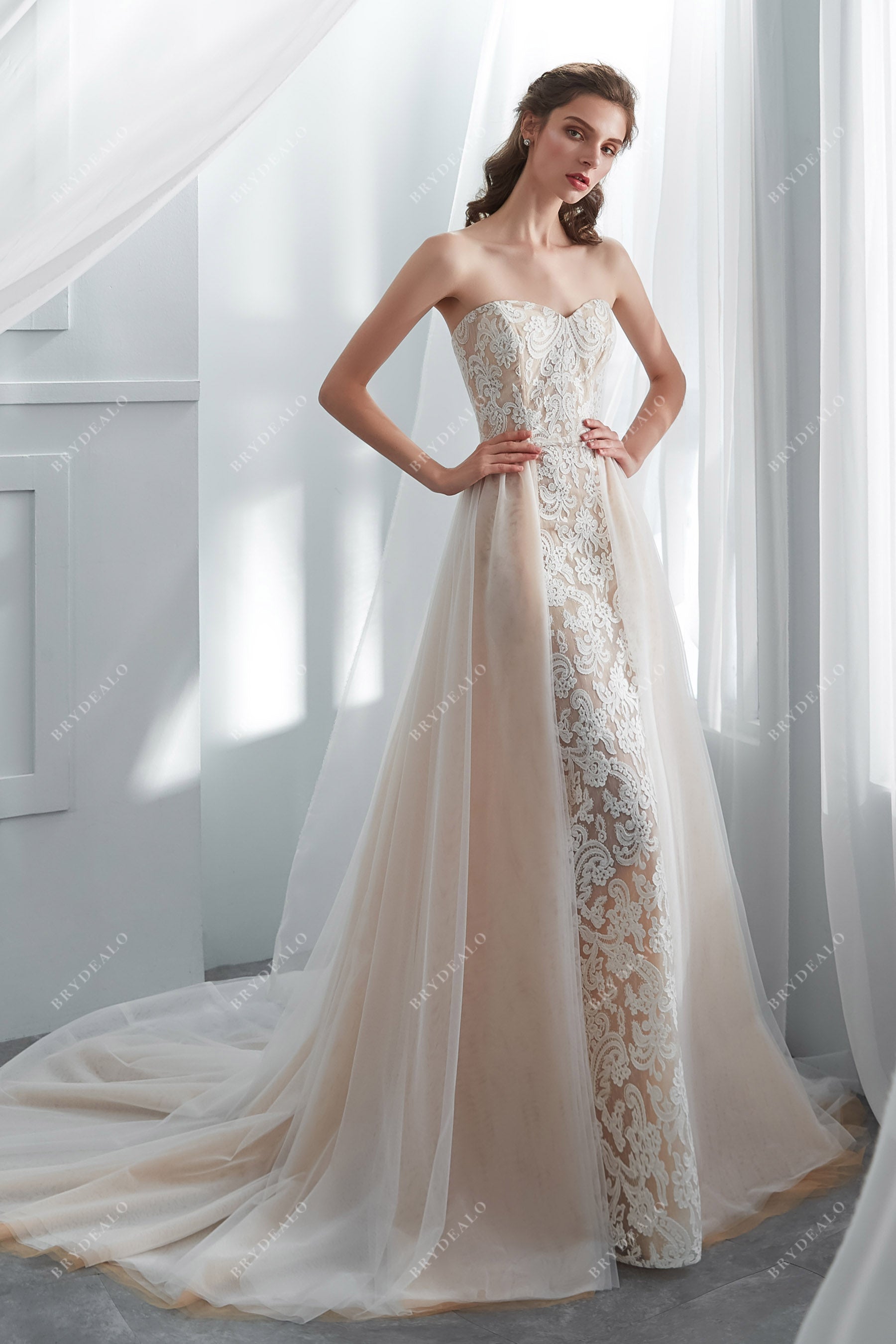 Designer Lace Tulle Overskirt Wedding Gown