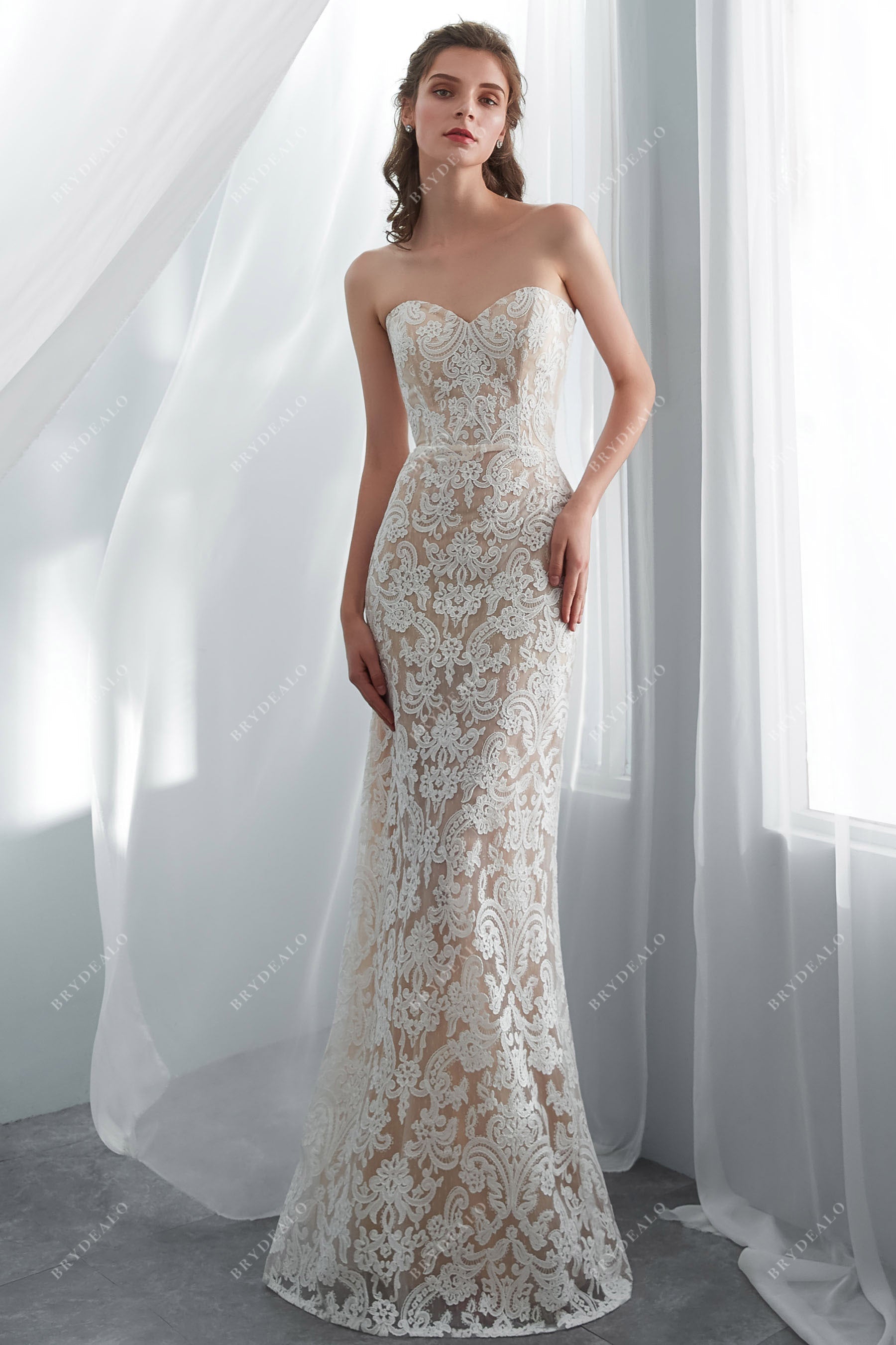 Champagne Designer Lace Strapless Mermaid Wedding Gown