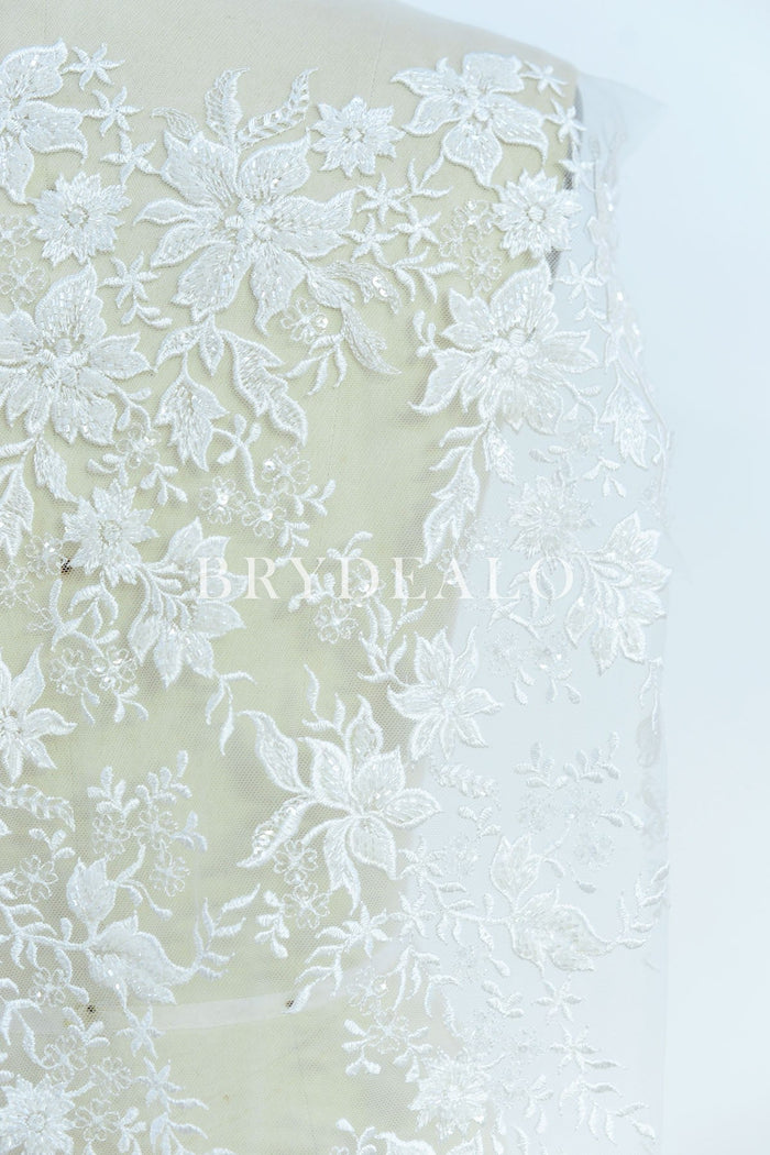 Royalty Fabrics Feathers hand beaded design embroider on a mesh lace-prom-sold by the yard. Ivory main image 0