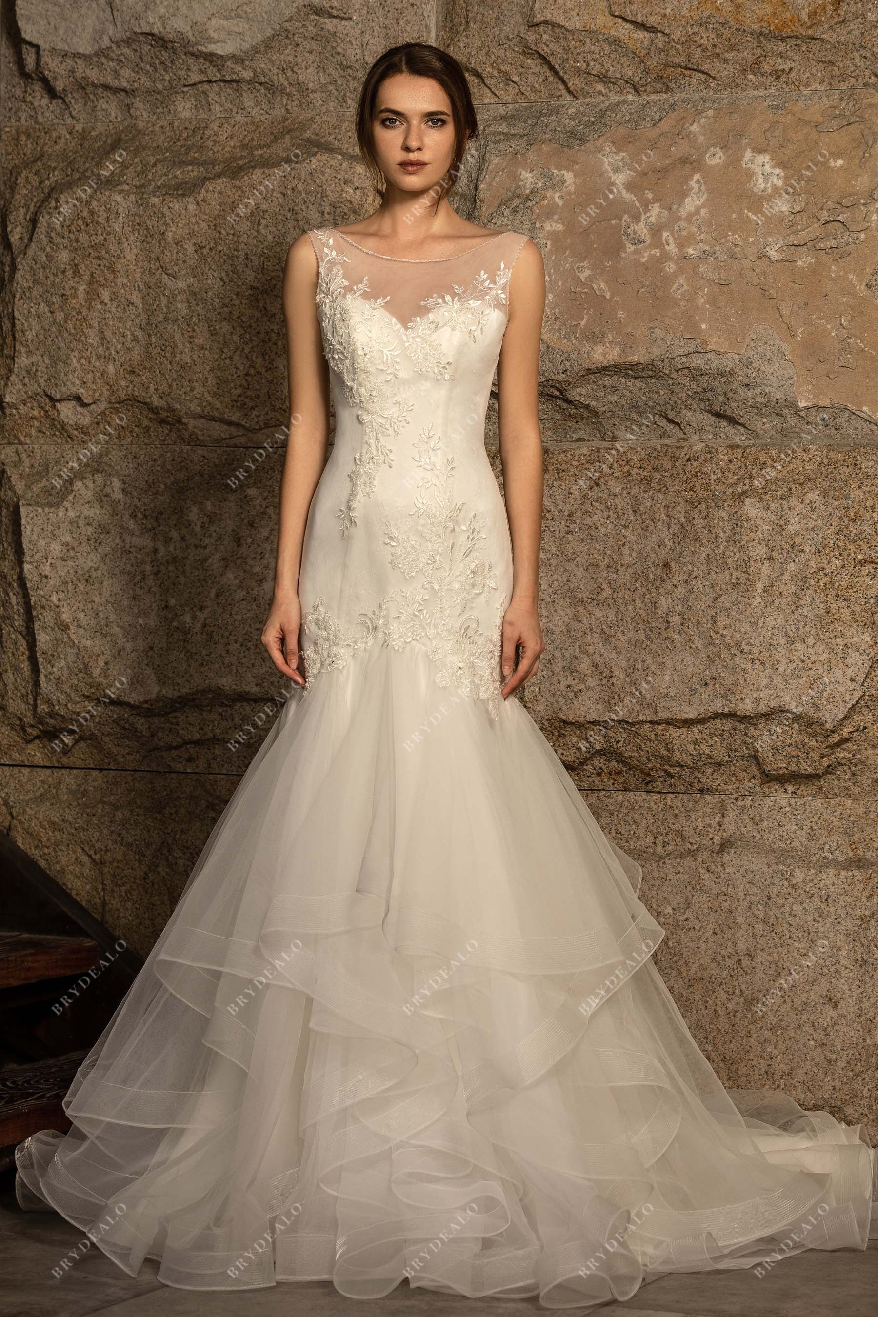 Traditional Lace Sleeveless Chapel Train Mermaid Bridal Gown