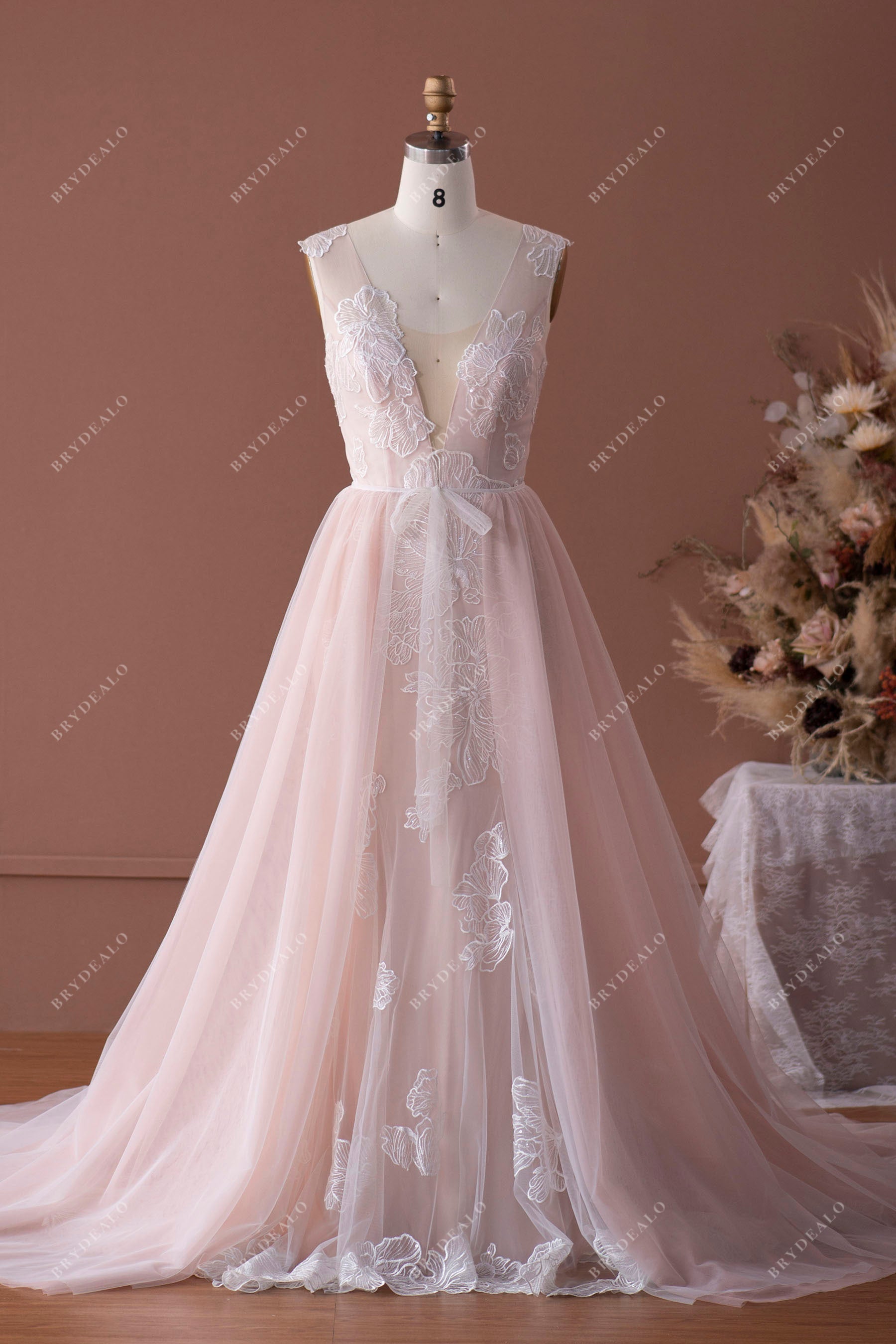 Dusty Rose Lace Plunging Sleeveless Overskirt Bridal Gown