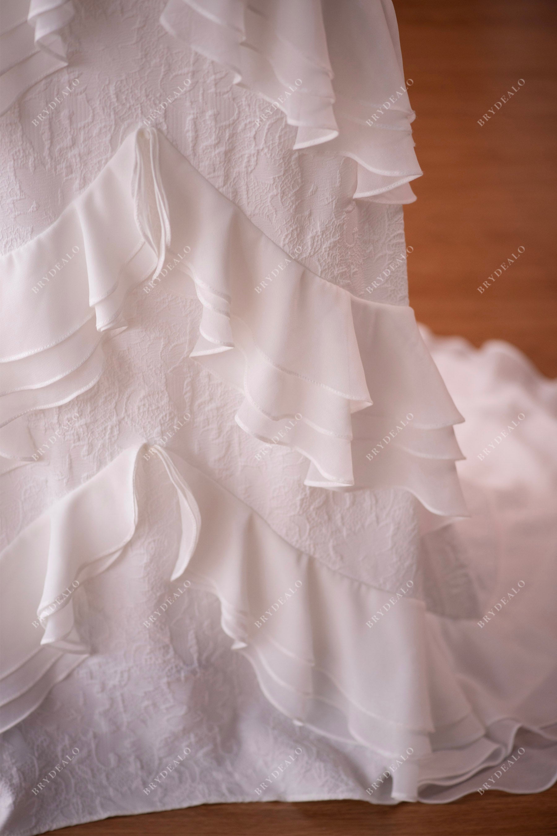 designed ruffled chiffon lace fit and flare wedding dress