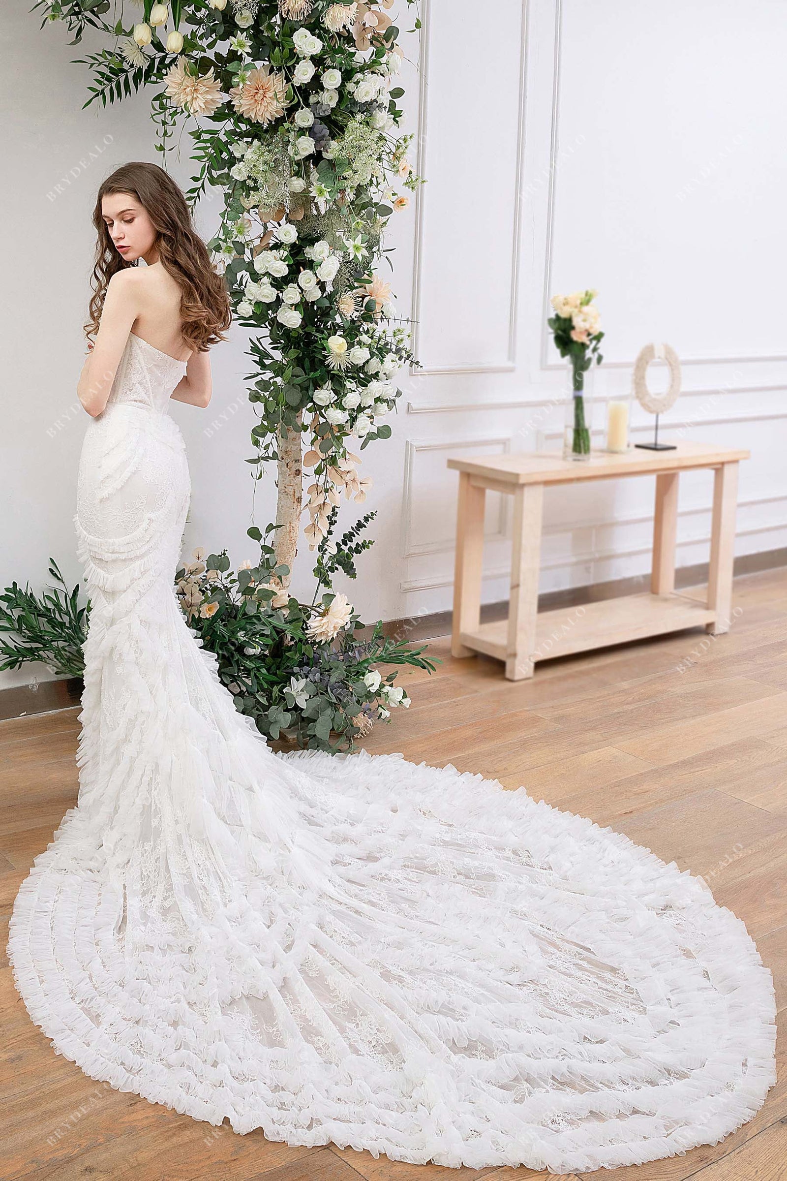 Strapless Corset Lace Ruffled Tulle Destination Mermaid Wedding Dress