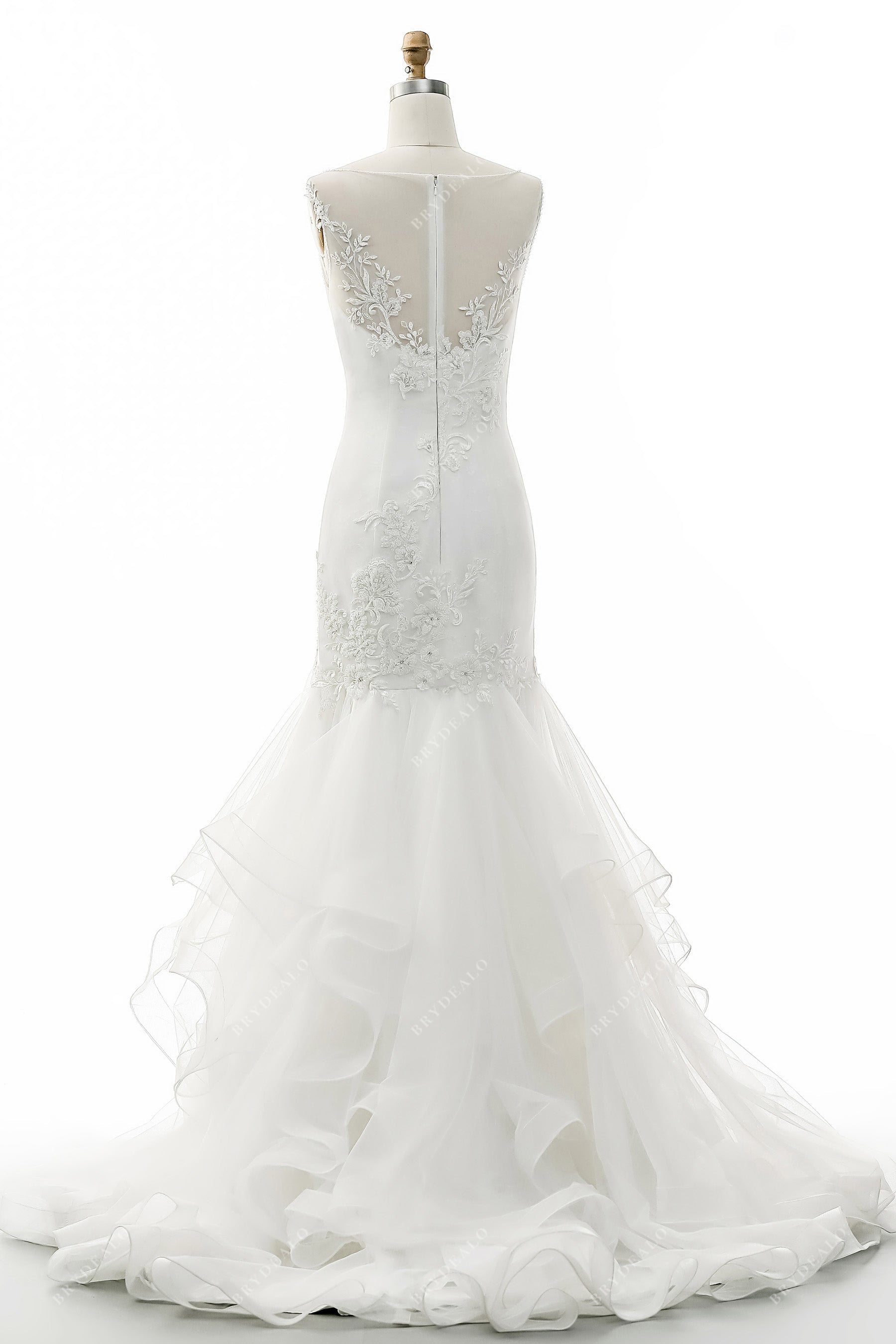 ruffled trumpet illusion lace back wedding gown