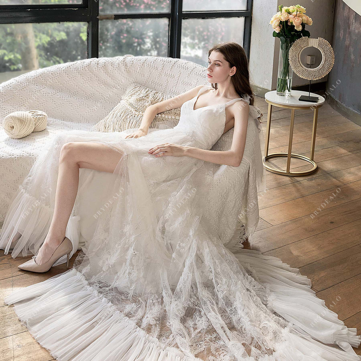 High Slit Lace Beach Ruffled A-line V-neck Fairytale Wedding Dress High Slit Lace Beach Ruffled A-line V-neck Fairytale Wedding Dress