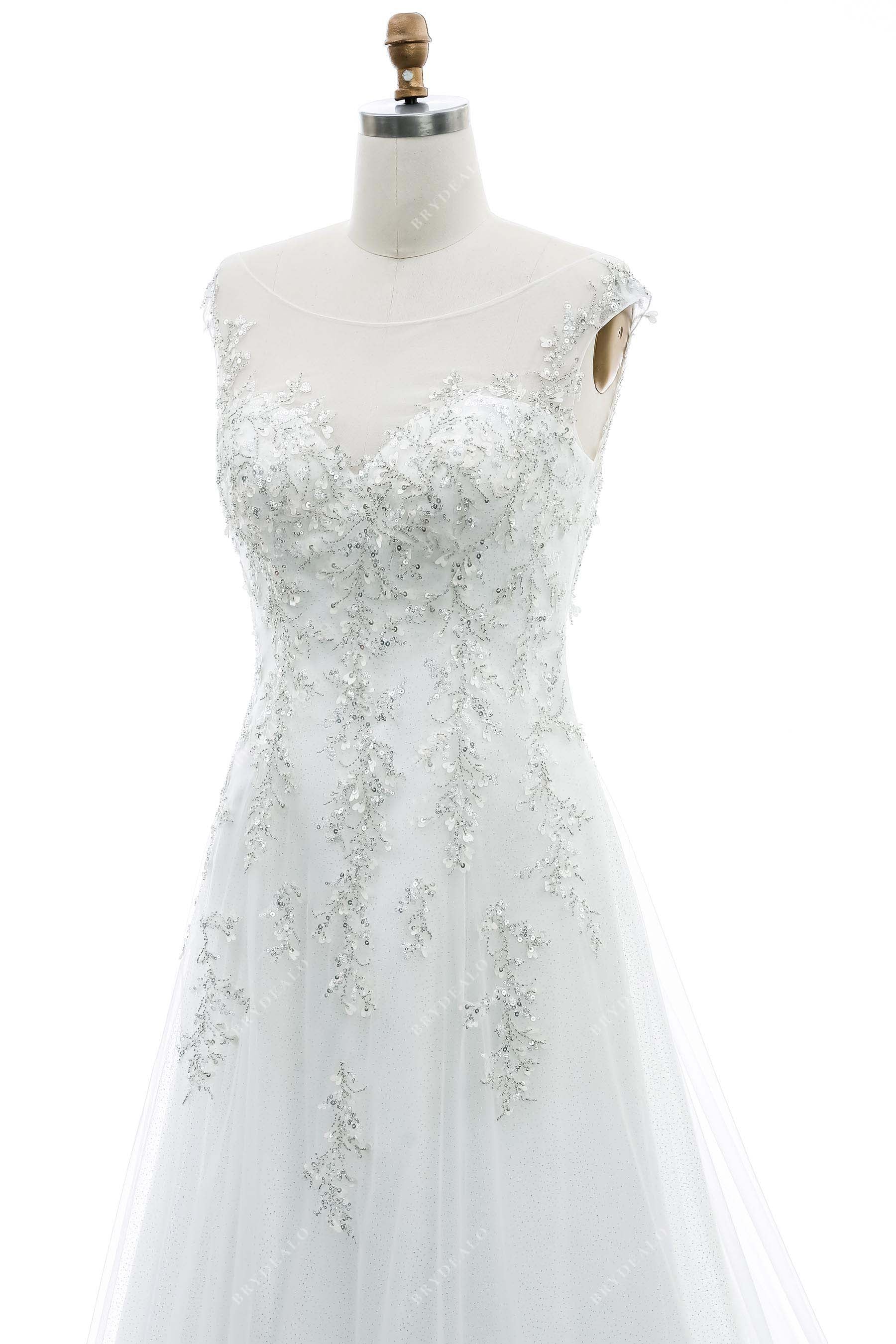 illusion bateau neck beaded lace bridal dress