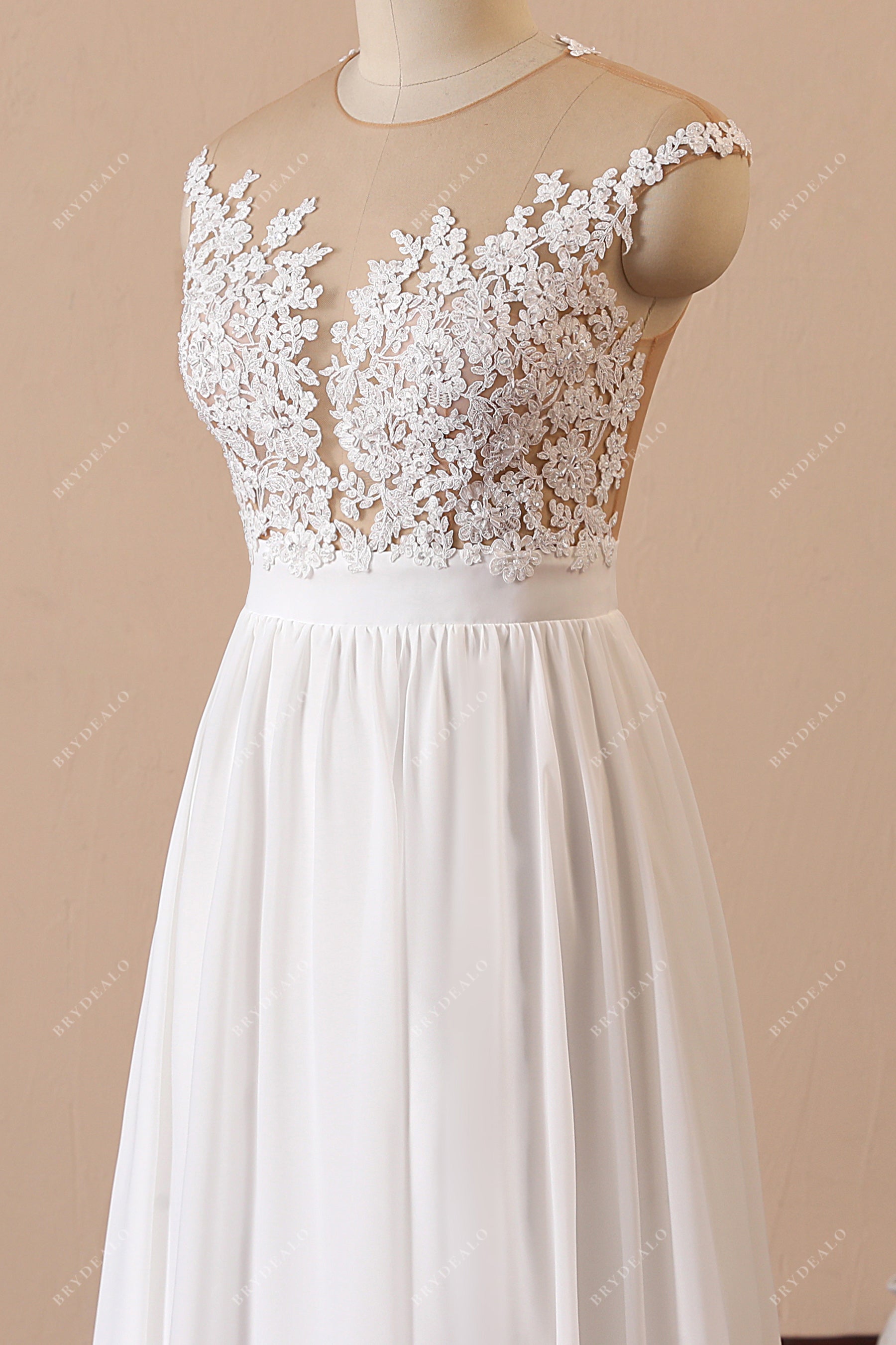 sheer lace bodice waistband chiffon bridal dress