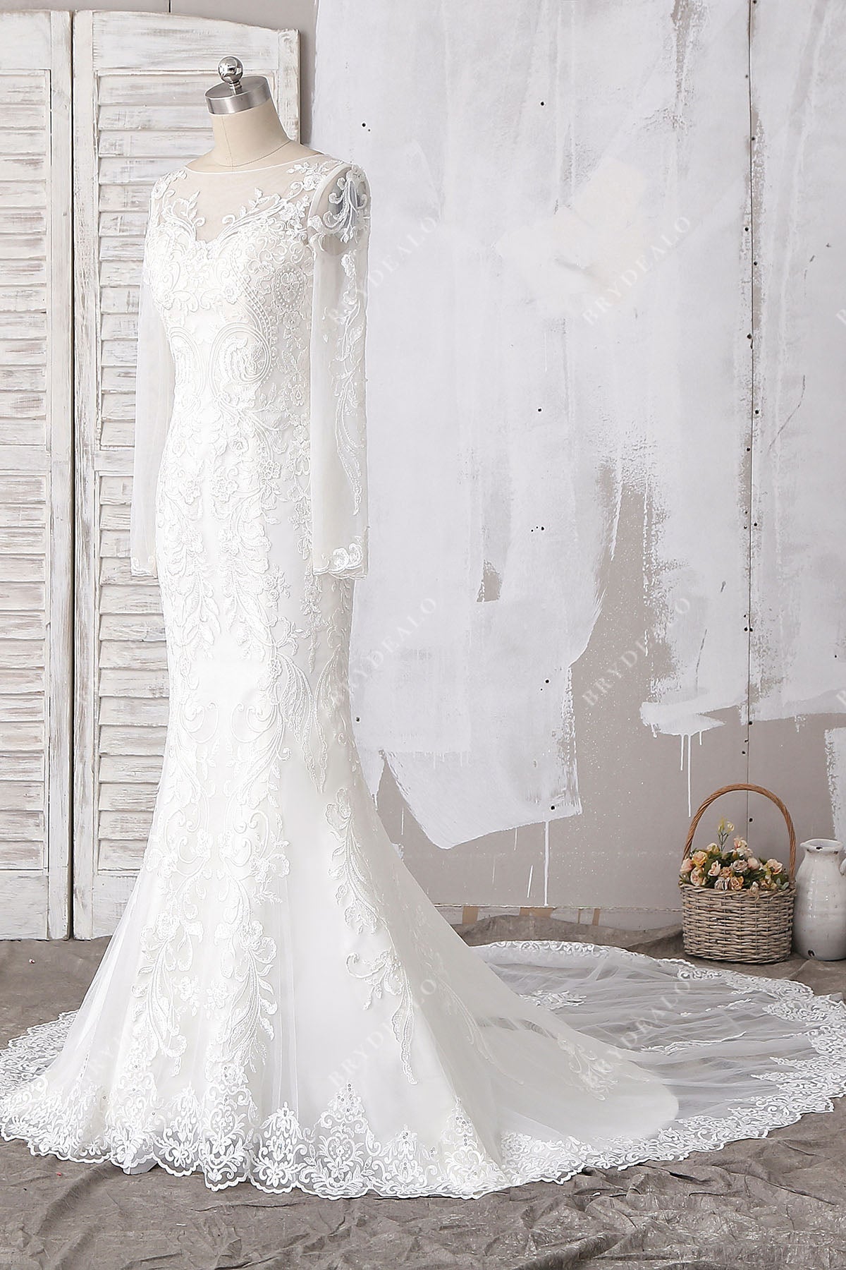 sheer long sleeve lace classic wedding dress