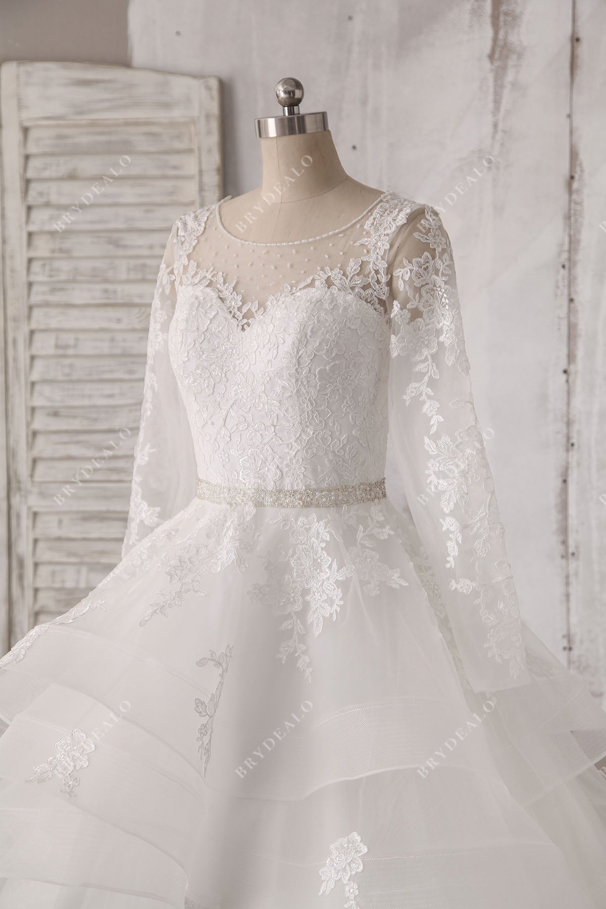 sheer sleeves beaded lace wedding dress