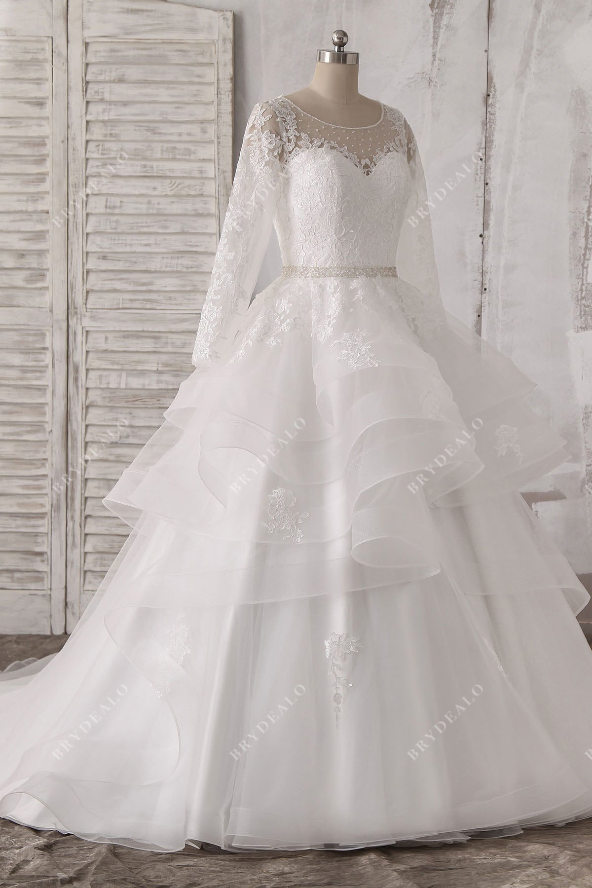 sheer sleeves princess ruffled wedding ball gown