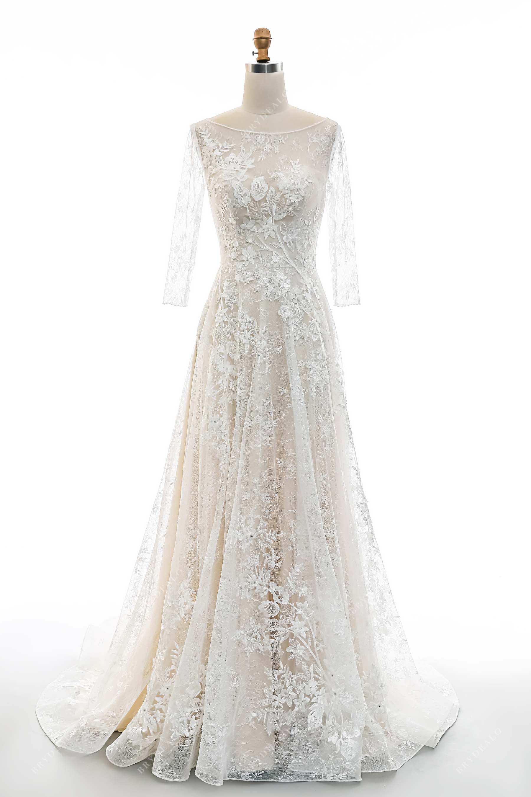 designed sheer sleeves lace A-line outdoor bridal dress