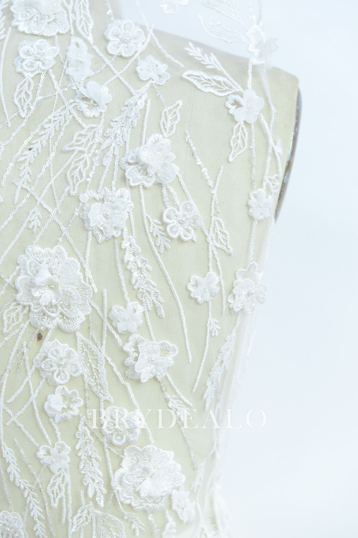 Shimmery Beaded 3D Flower Bridal Lace Fabric for Sale