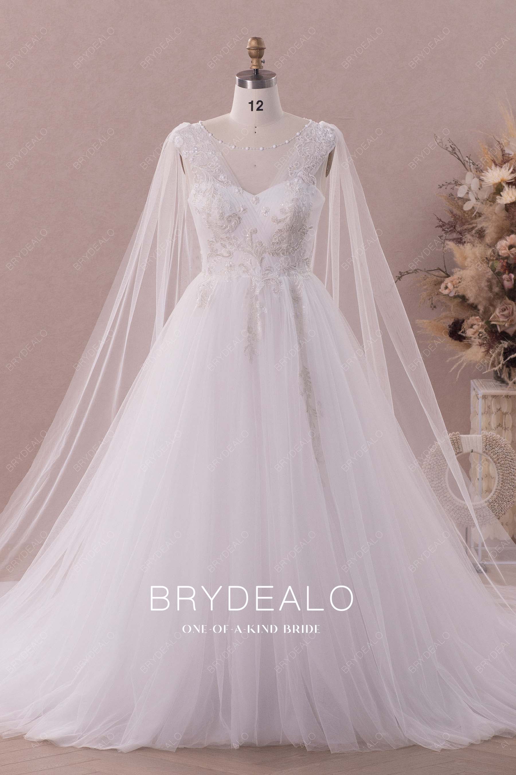 designed shoulder streamer illusion neck lace tulle wedding gown