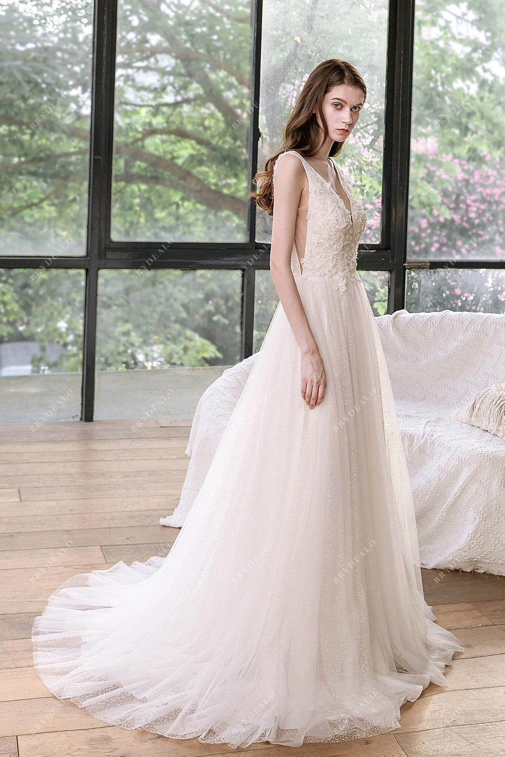 Plunge Long Sleeve Sweep Lace Tulle A-line Black Wedding Dress
