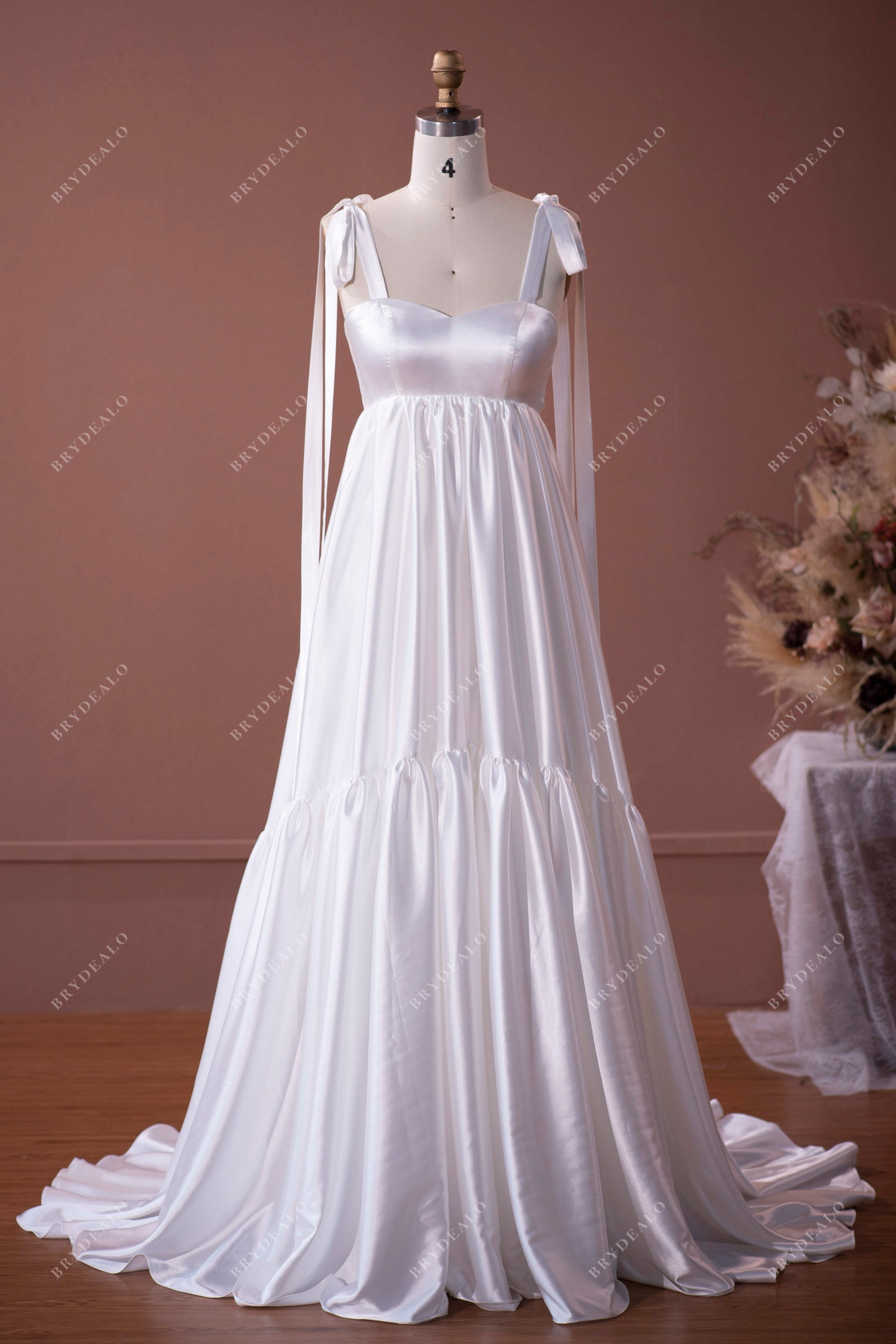 simple silky satin shoulder tie maternity wedding dress
