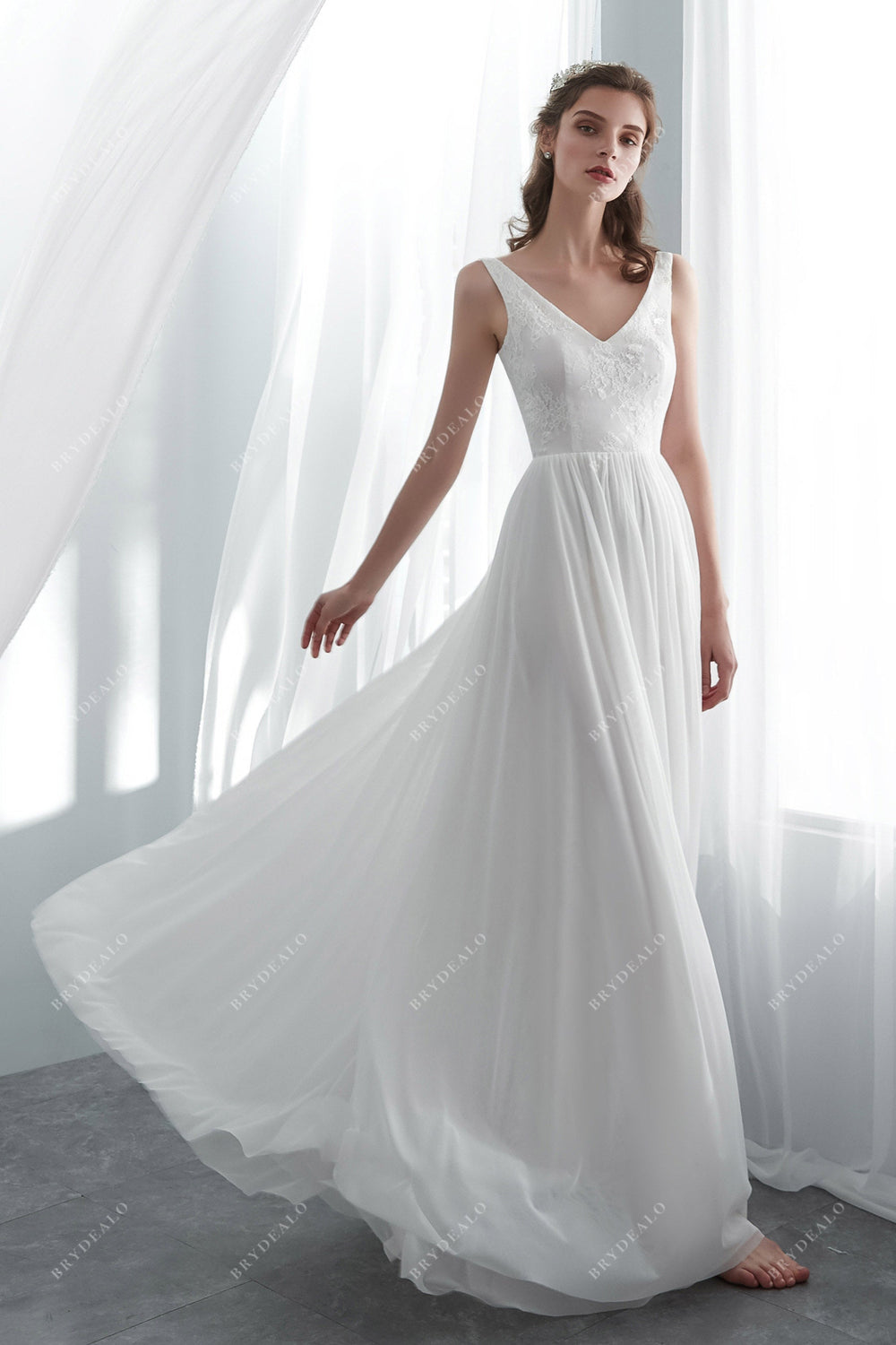 Light V-neck Lace Draping Floor Length Spring Summer Wedding Dress
