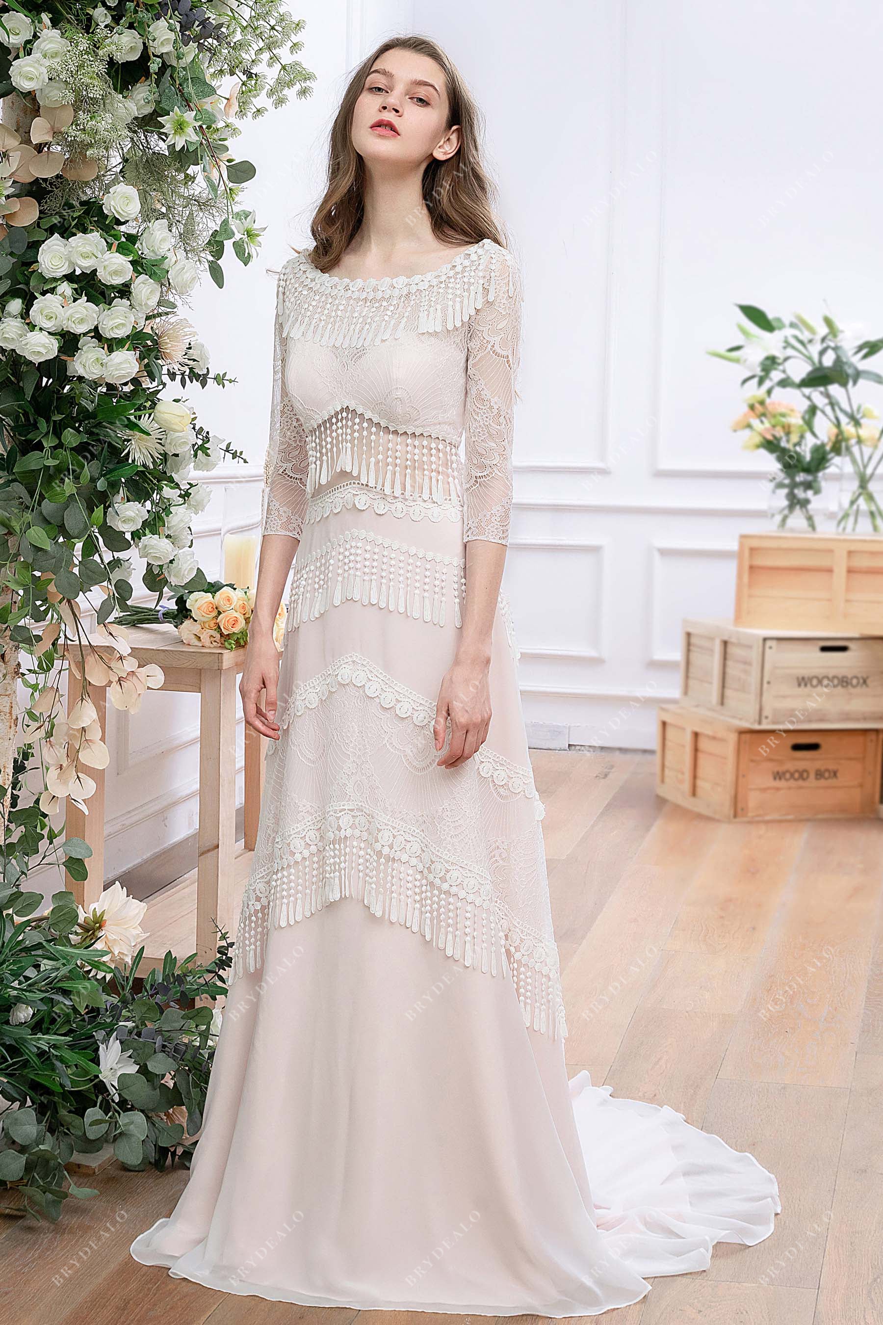 3 4 Sleeved Pearl Pink Boho Tassels Destination Wedding Dress