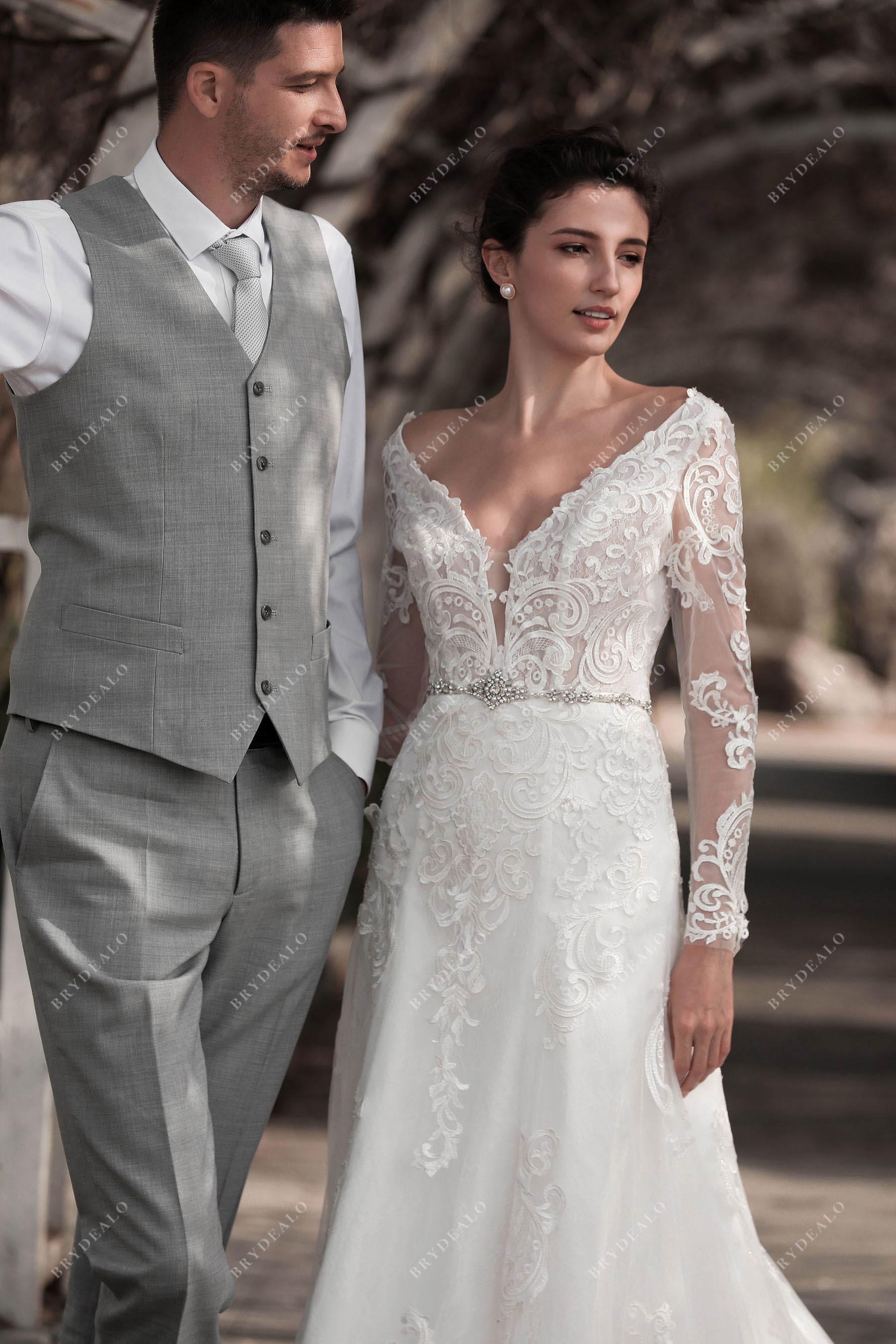 sheer lace sleeves destination bridal gown