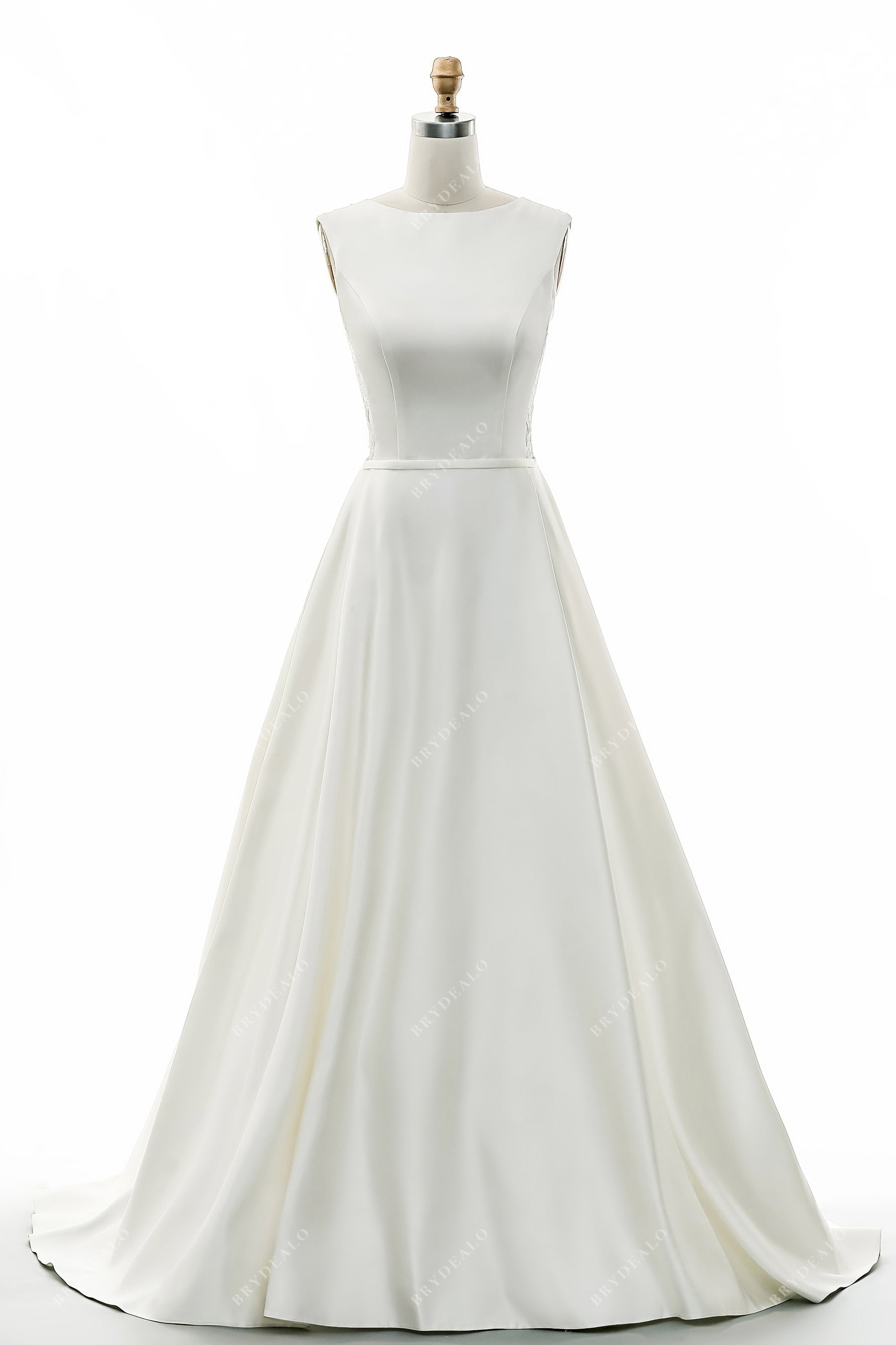 designer satin bateau neck floor length wedding dress