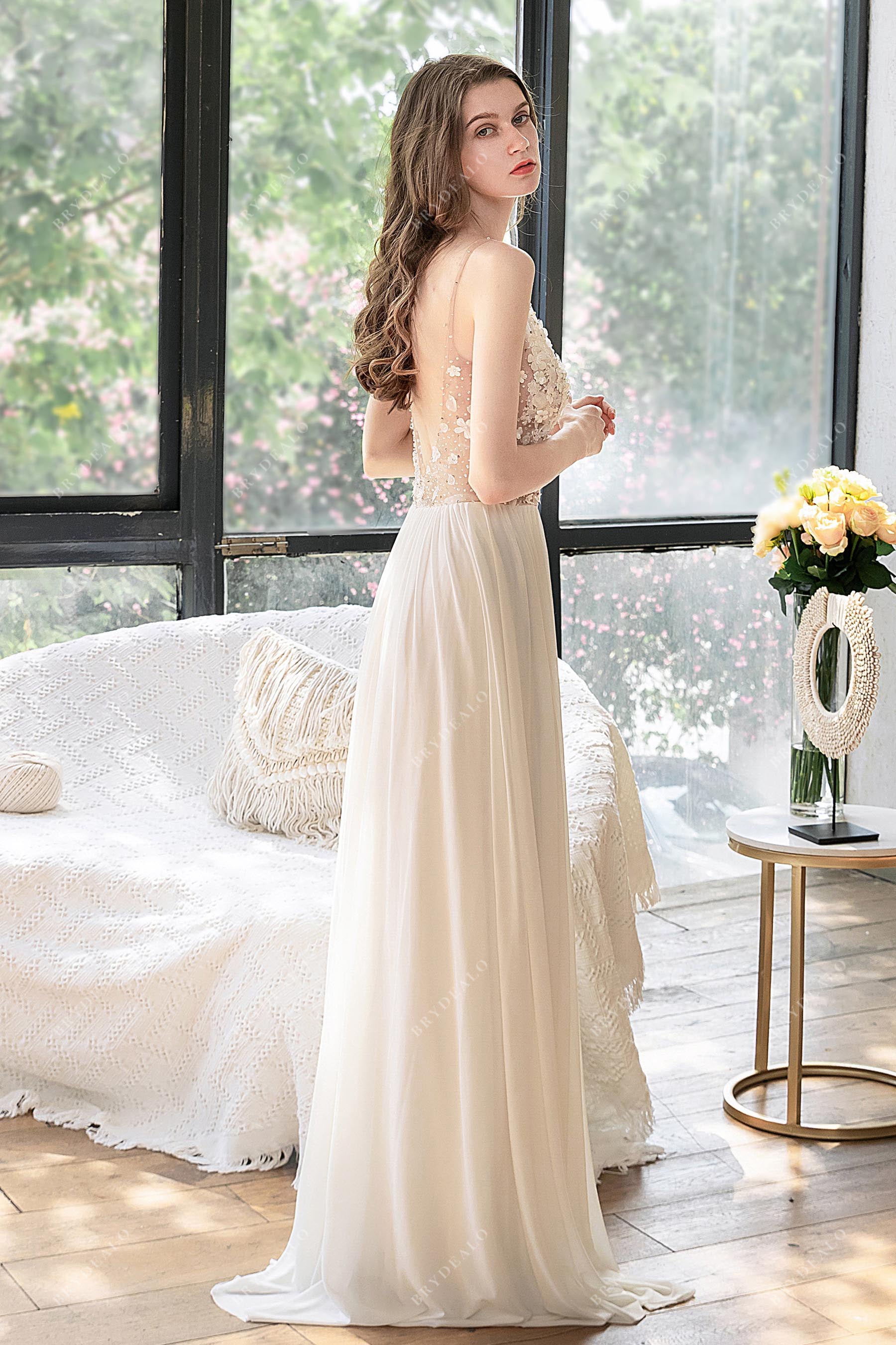 floor length flowy chiffon A-line summer bridal gown