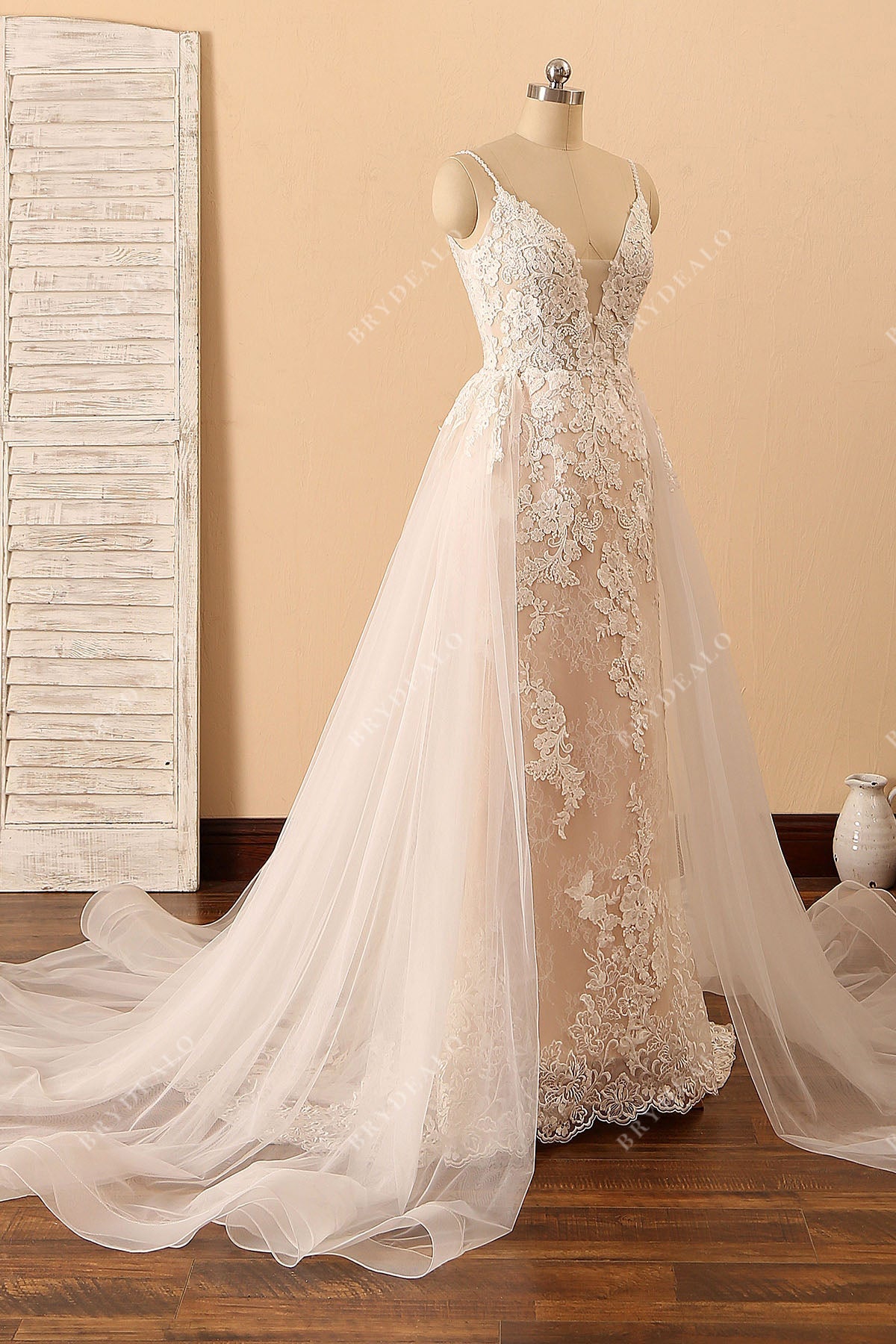 sleeveless lace tulle destination overskirt wedding gown