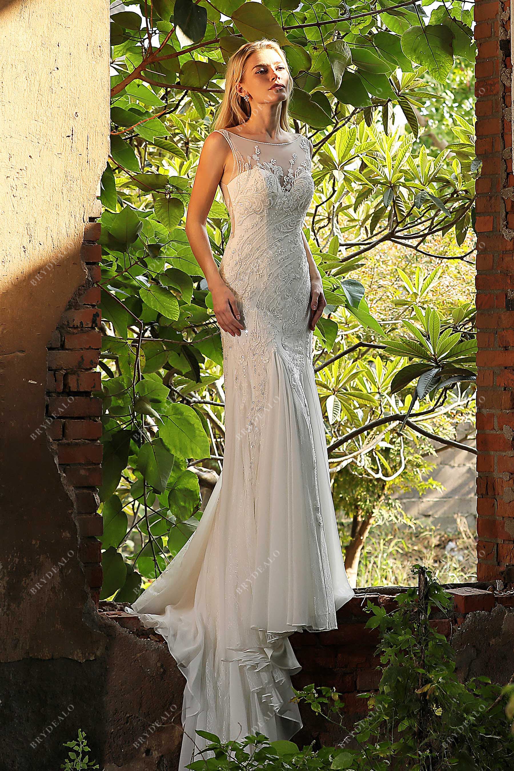 Sleeveless Mermaid Illusion Neck Elegant Lace Bridal Gown