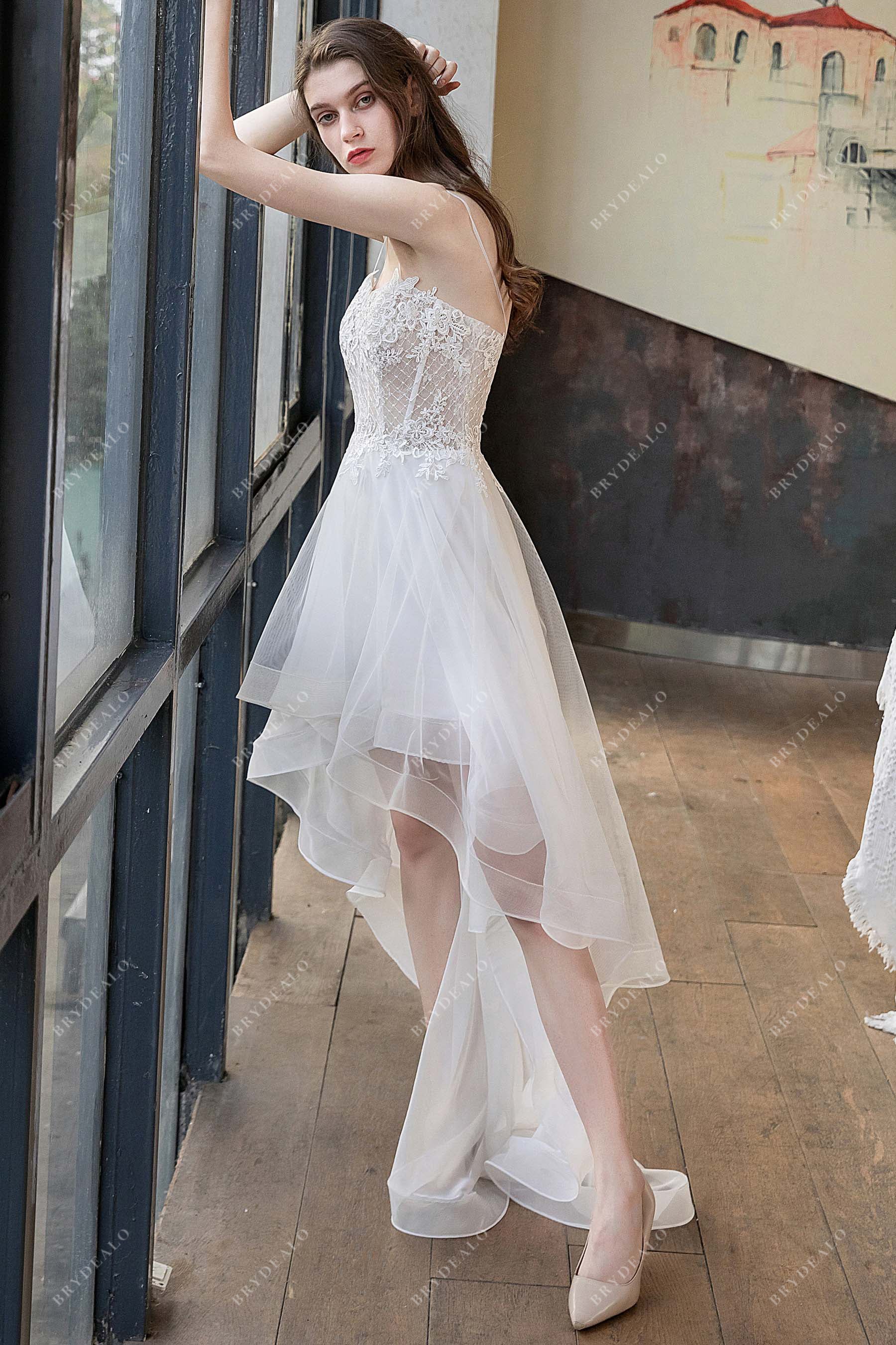 Sleeveless Sheer Lace Corset Ruffled Informal Bridal Dress