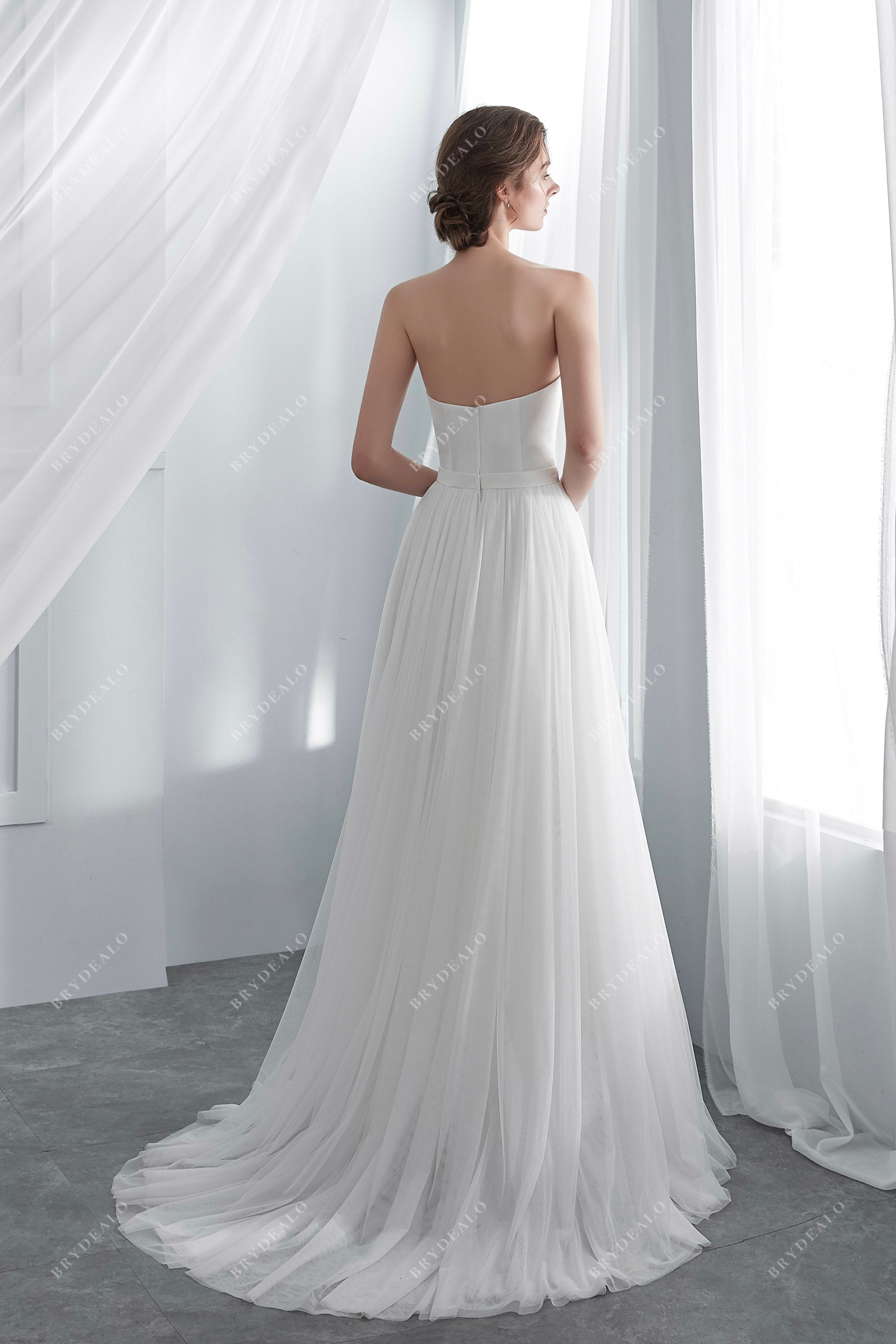 Strapless Sweep Train Slim A-line Boho Bridal Gown 