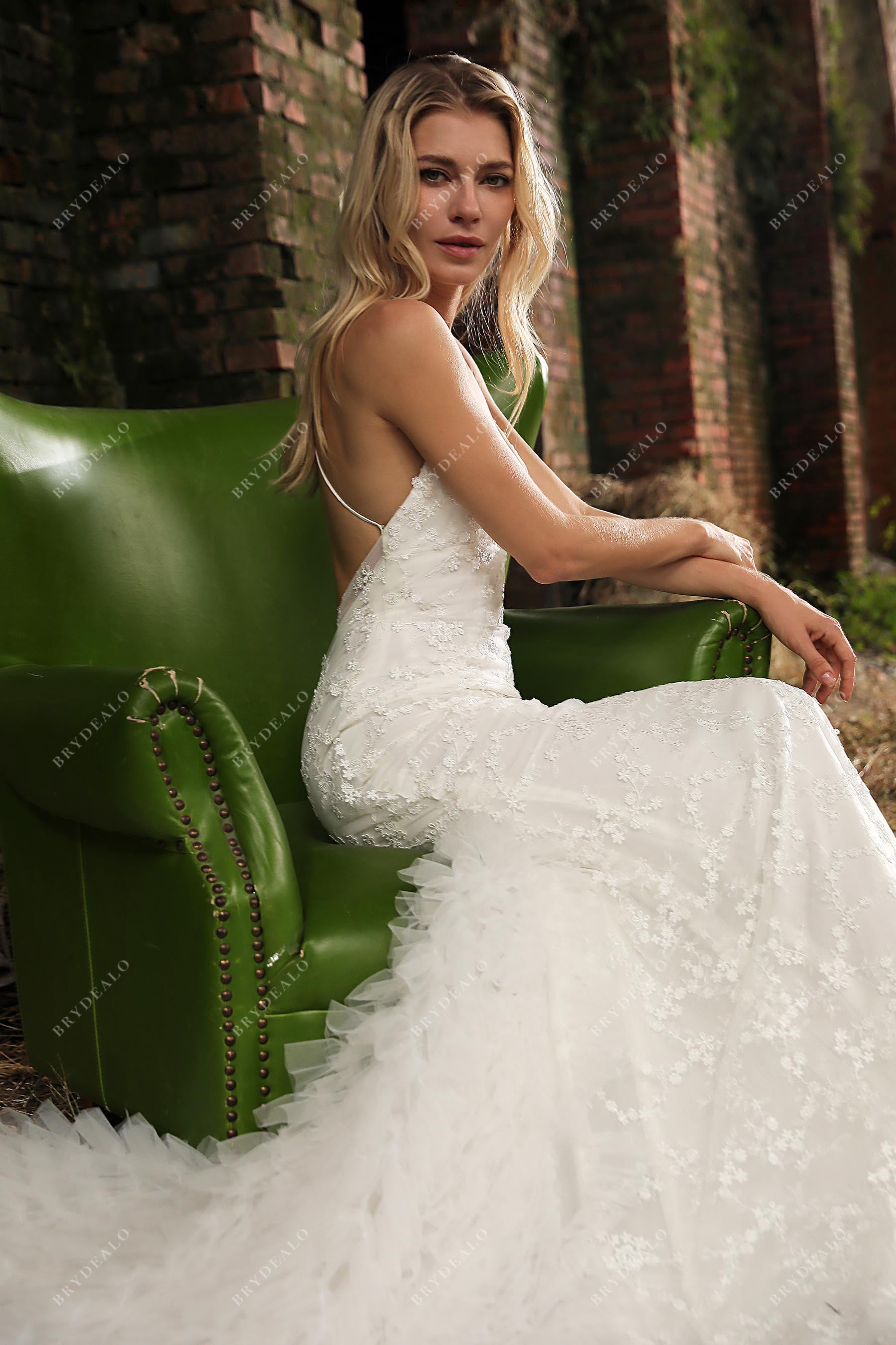 spaghetti straps sleeveless lace destination bridal gown