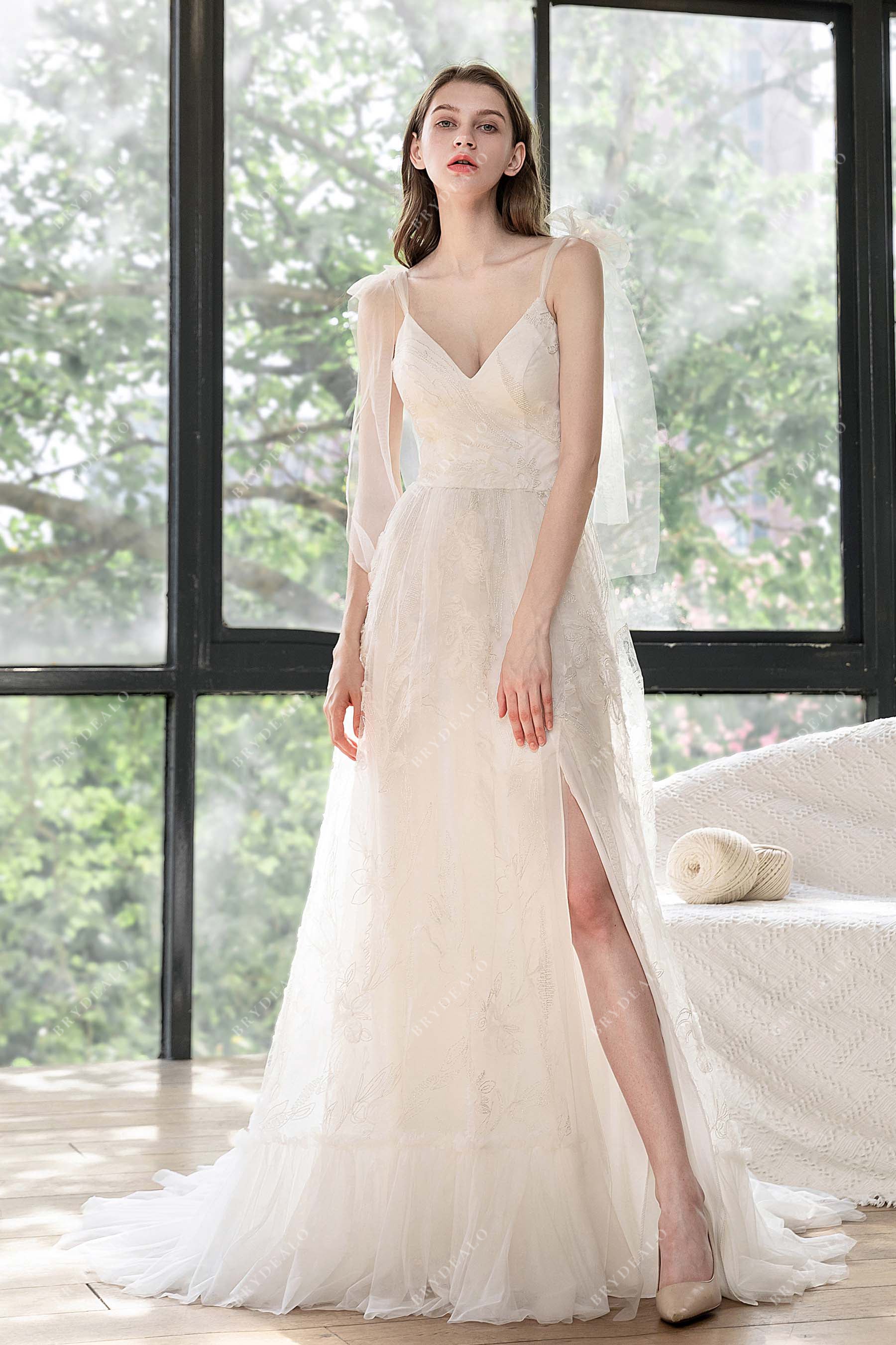 V-neck lace Ethereal A-line slit bridal gown