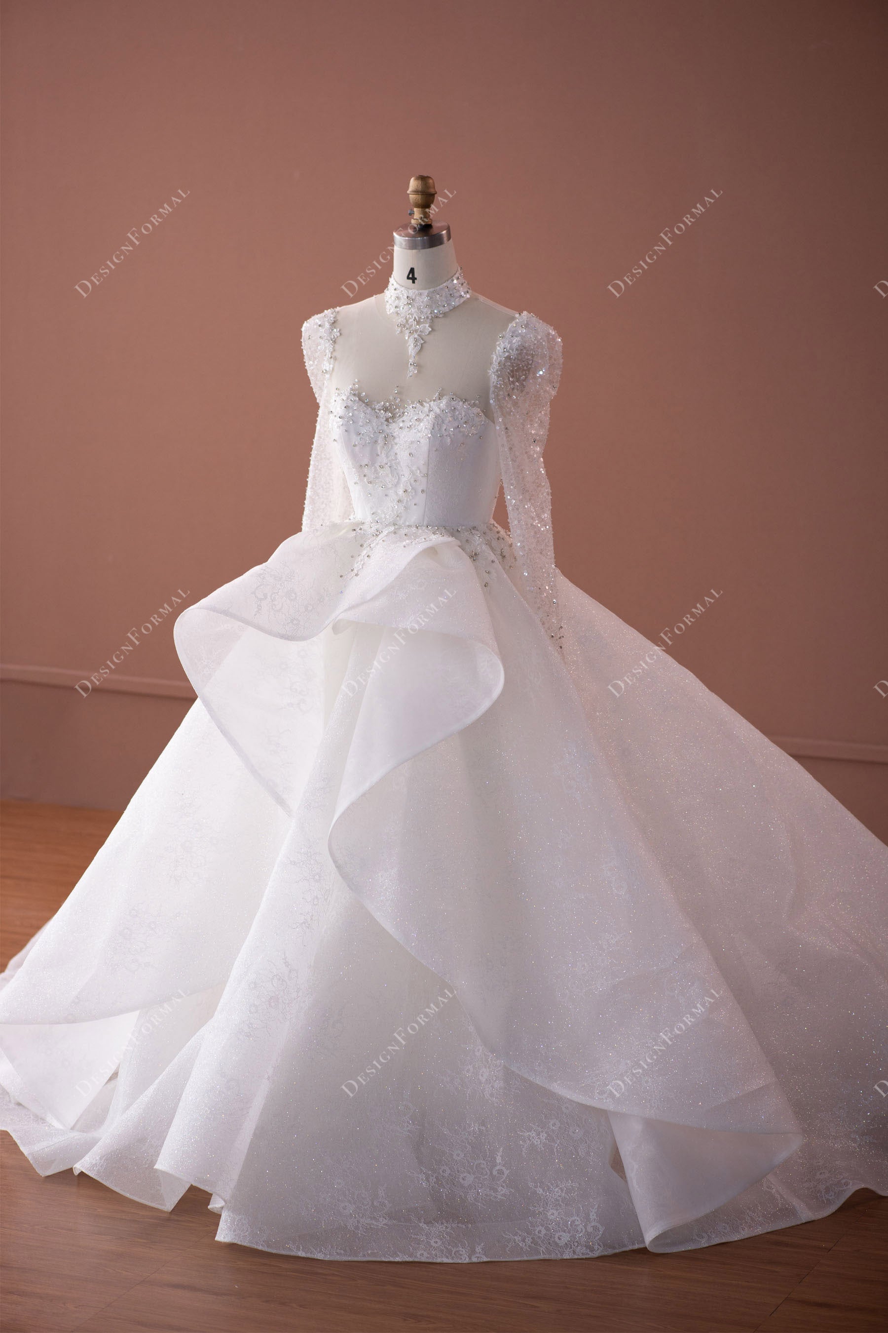 sparkly choker neck lace ruffled overskirt wedding ball gown