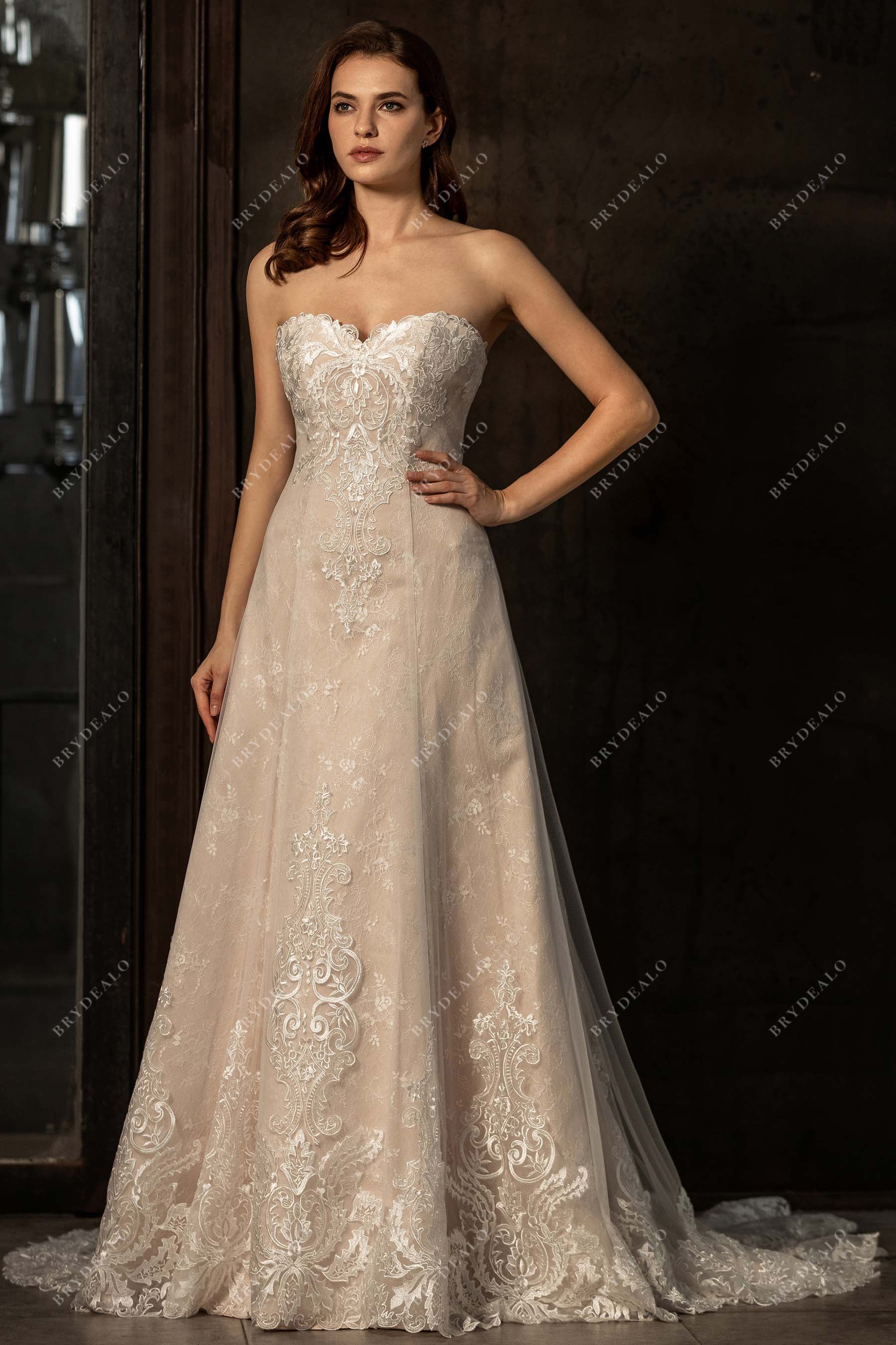 strapless sweetheart A-line lace nude wedding dress
