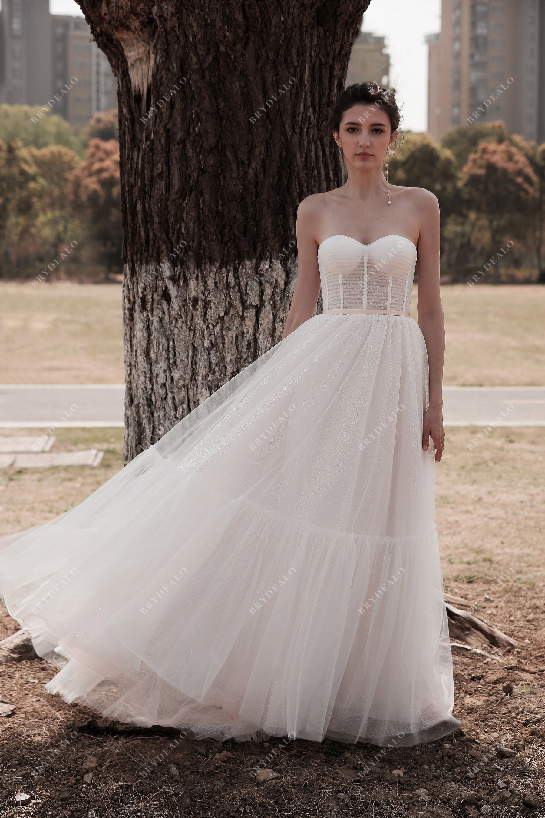 Ruched Tulle Sweetheart Sheer Corset Beach Wedding Dress