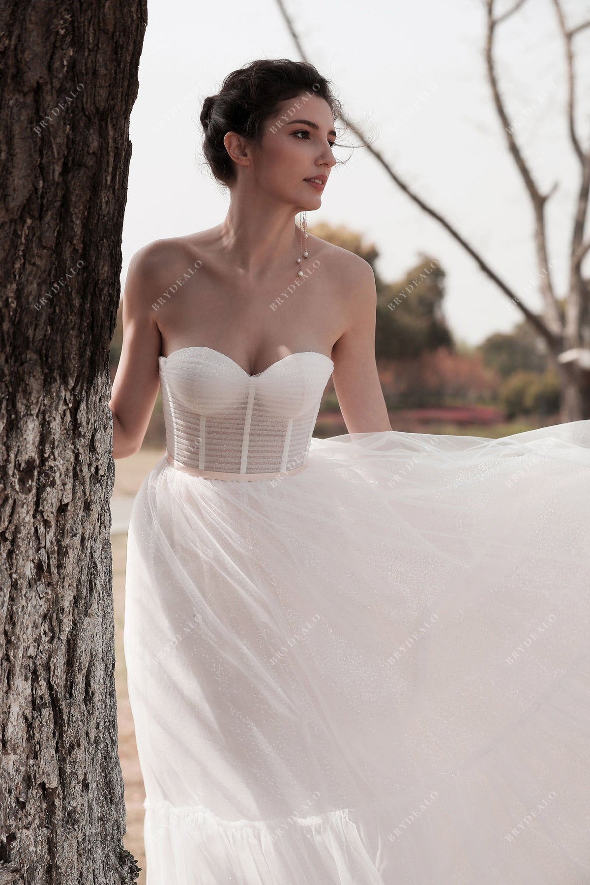 Modern Ruched Tulle Sweetheart Sheer Corset Pink Beach Wedding Dress